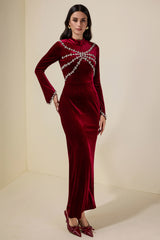Velvet Rhinestone Long Sleeve Maxi Dress