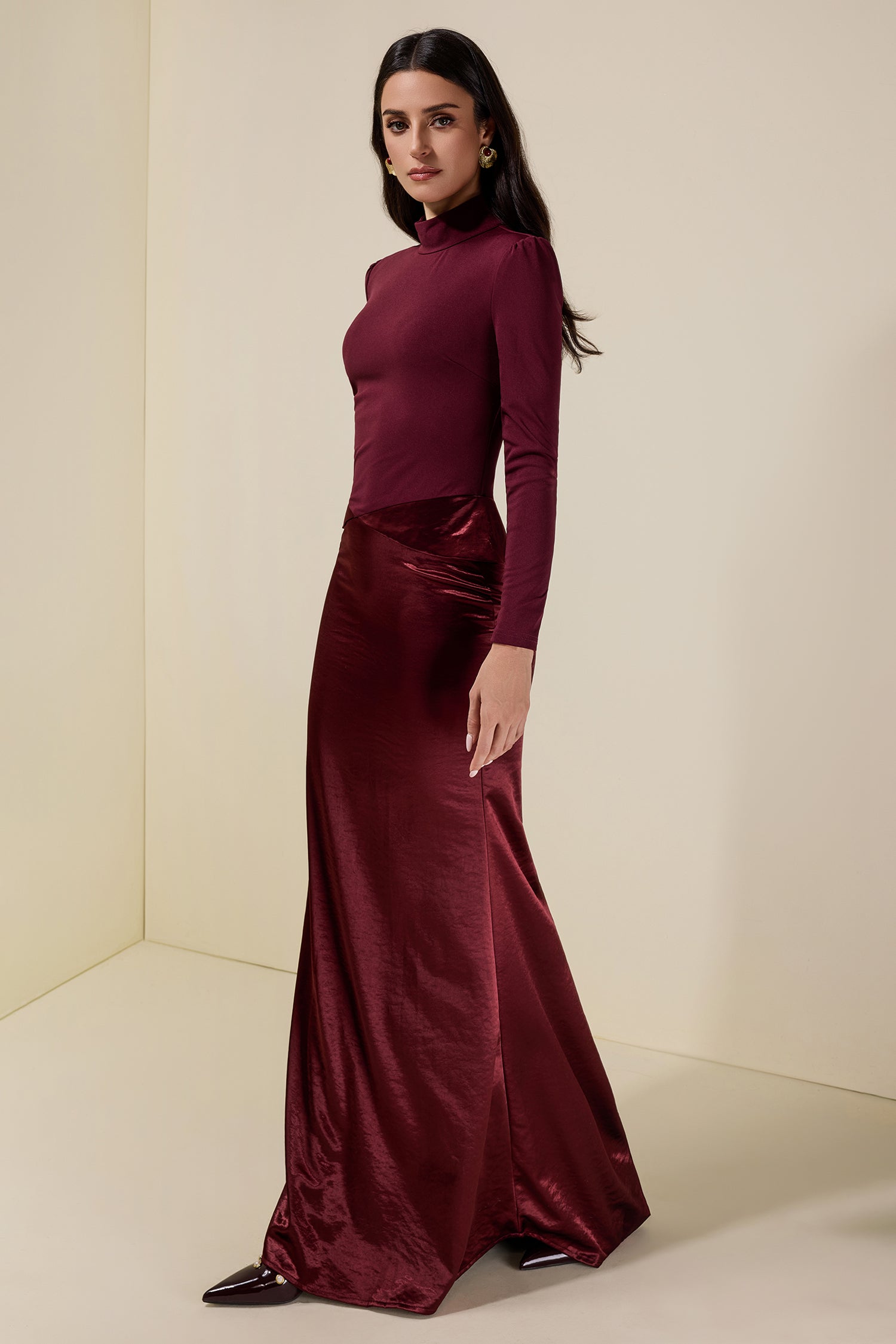 Jersey Splicing Satin Long Sleeve Maxi Dress