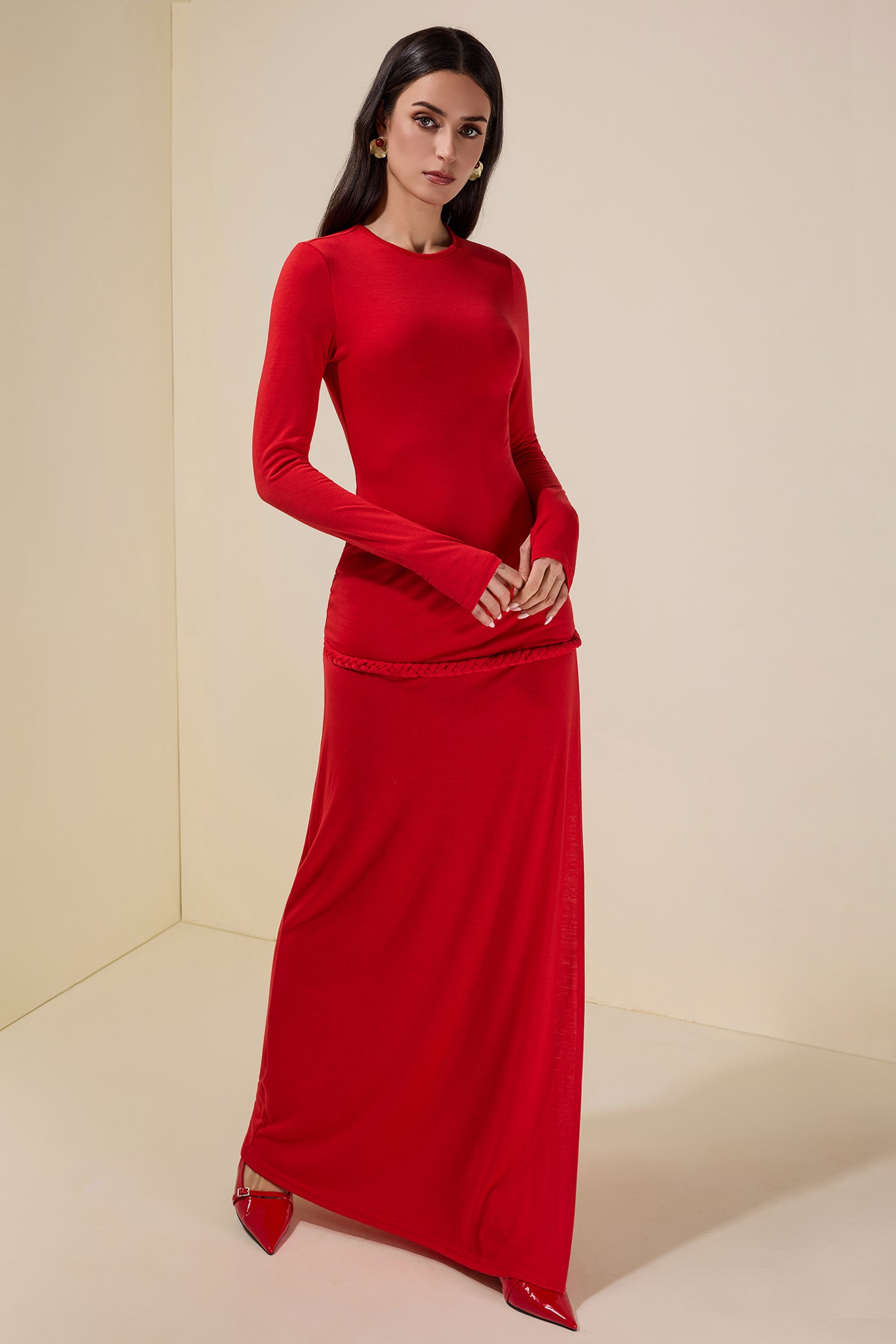 Solid Woven Long Sleeve Maxi Dress