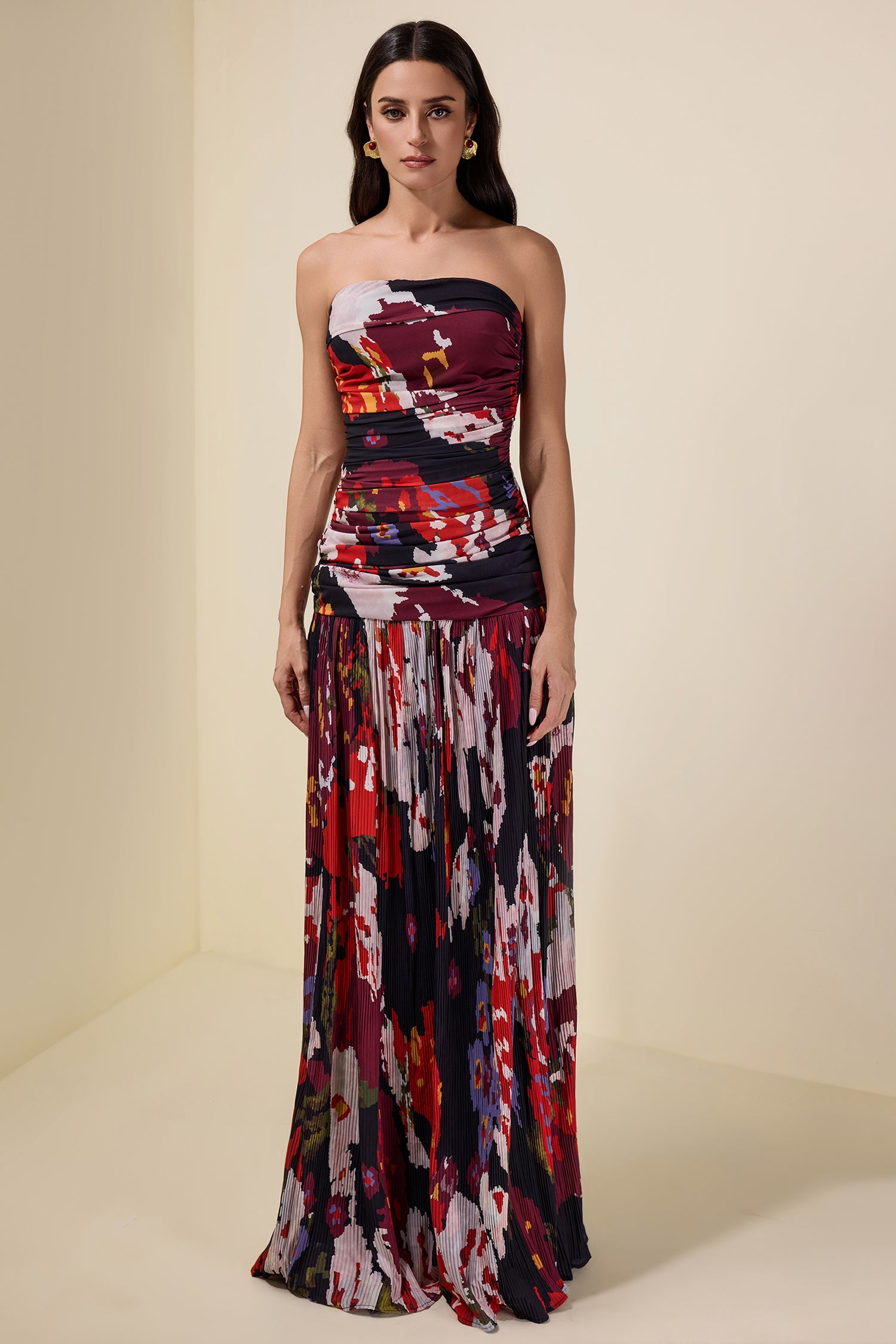 Pleated Off-Shoulder Floral Midi Dress