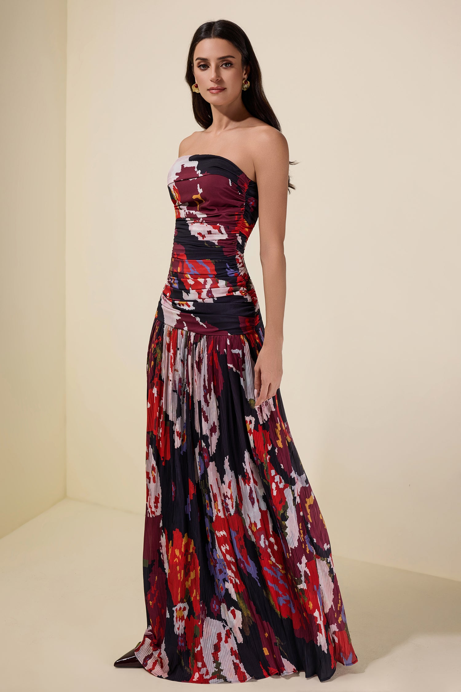 Pleated Off-Shoulder Floral Midi Dress