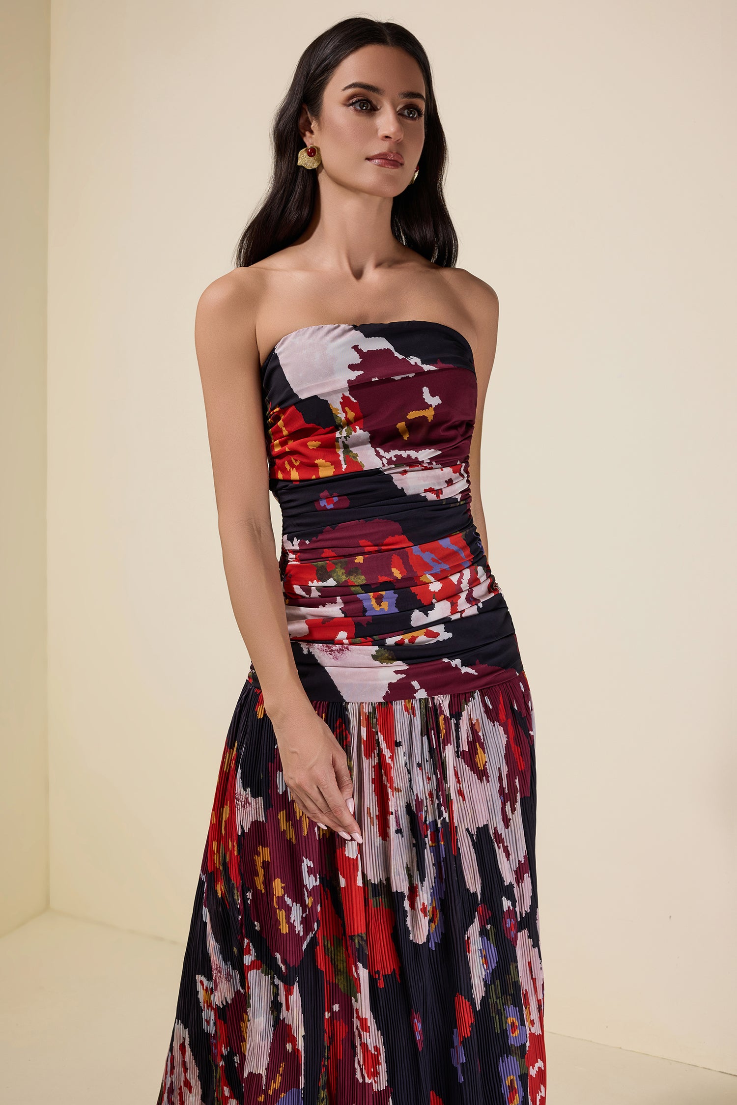 Pleated Off-Shoulder Floral Midi Dress