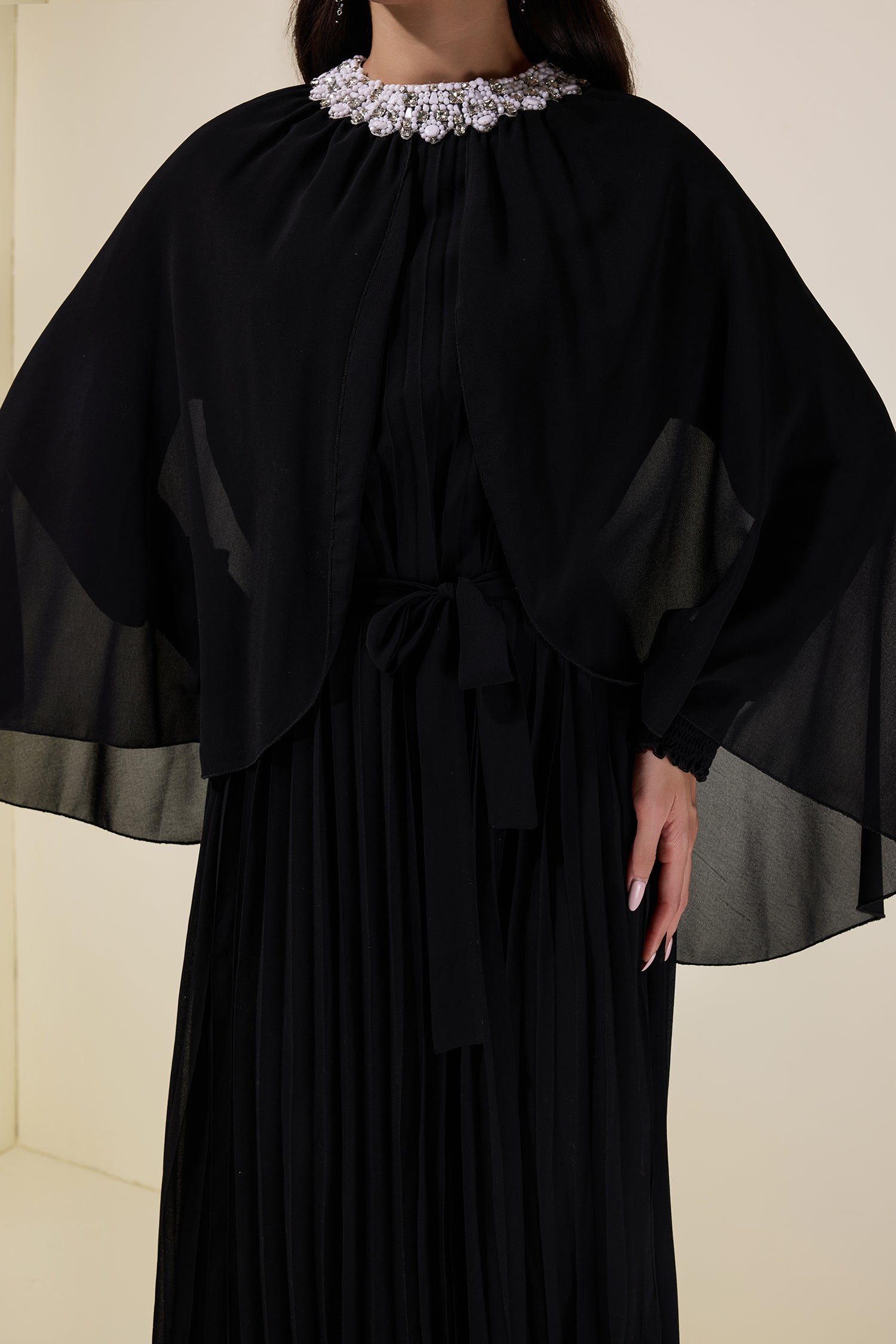 Rhinestone Rivets Pleated Cape Sleeve Midi Dress
