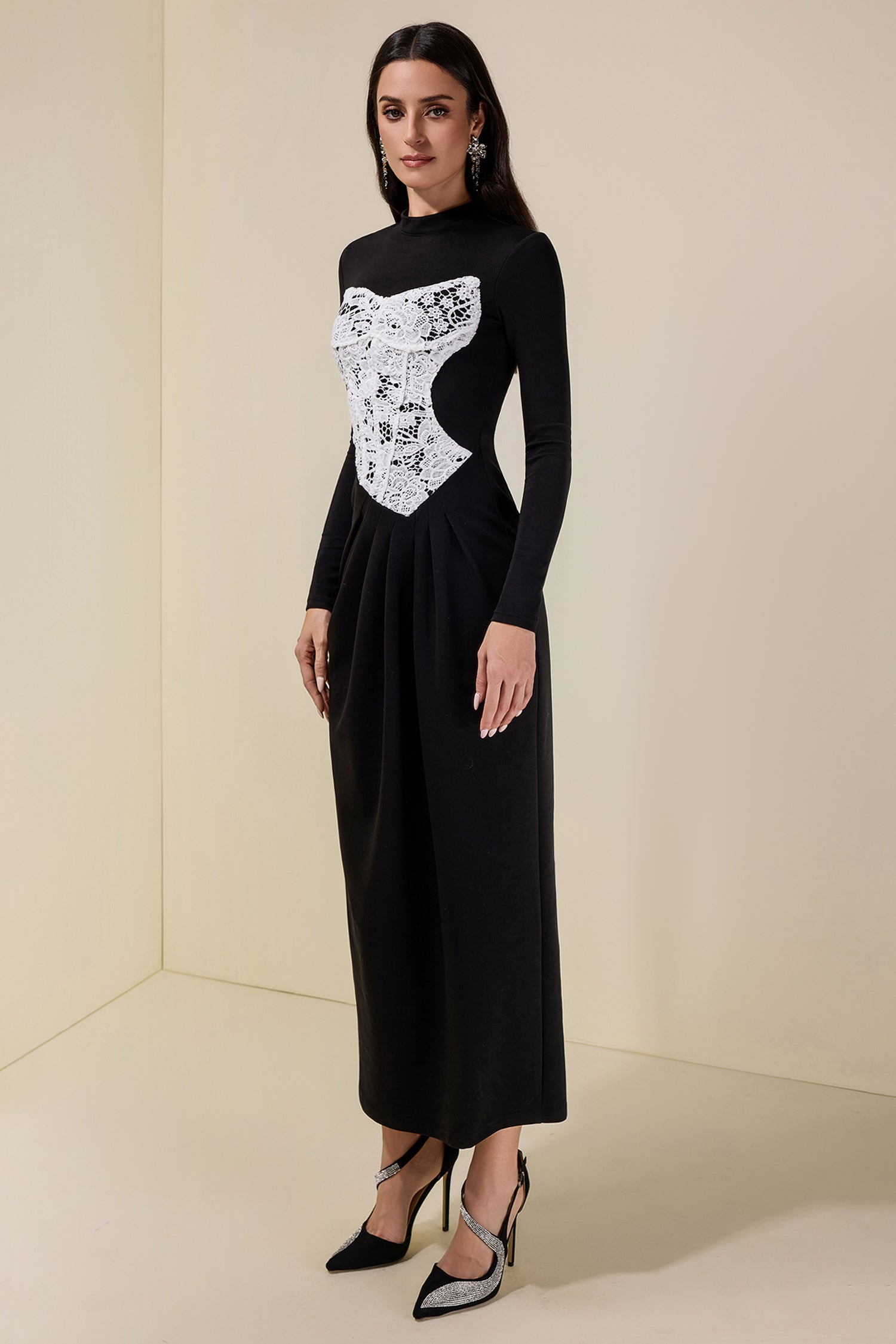 Lace Splicing Long Sleeve Maxi Dress