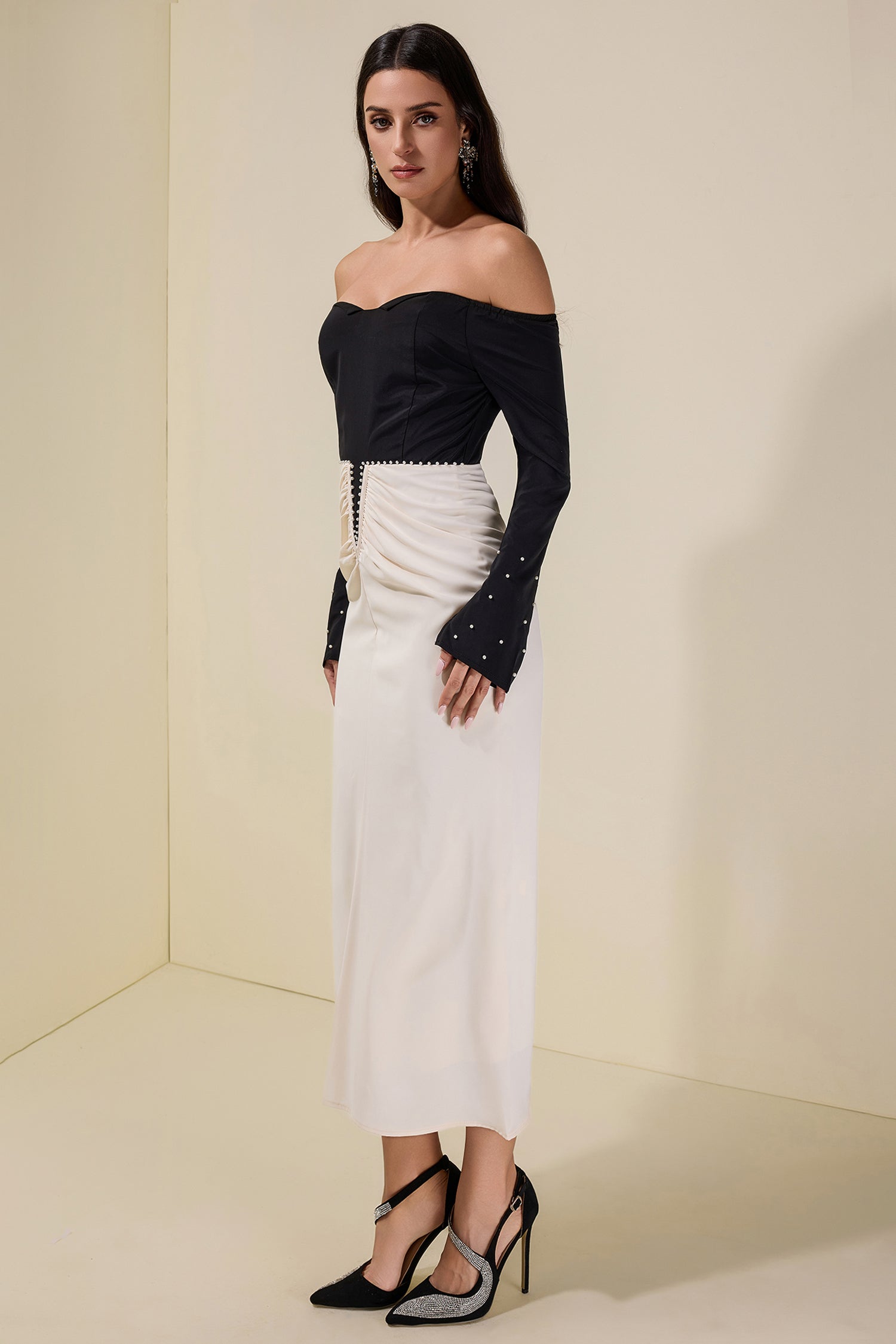 Contrast Color Faux Pearl Off Shoulder Midi Dress