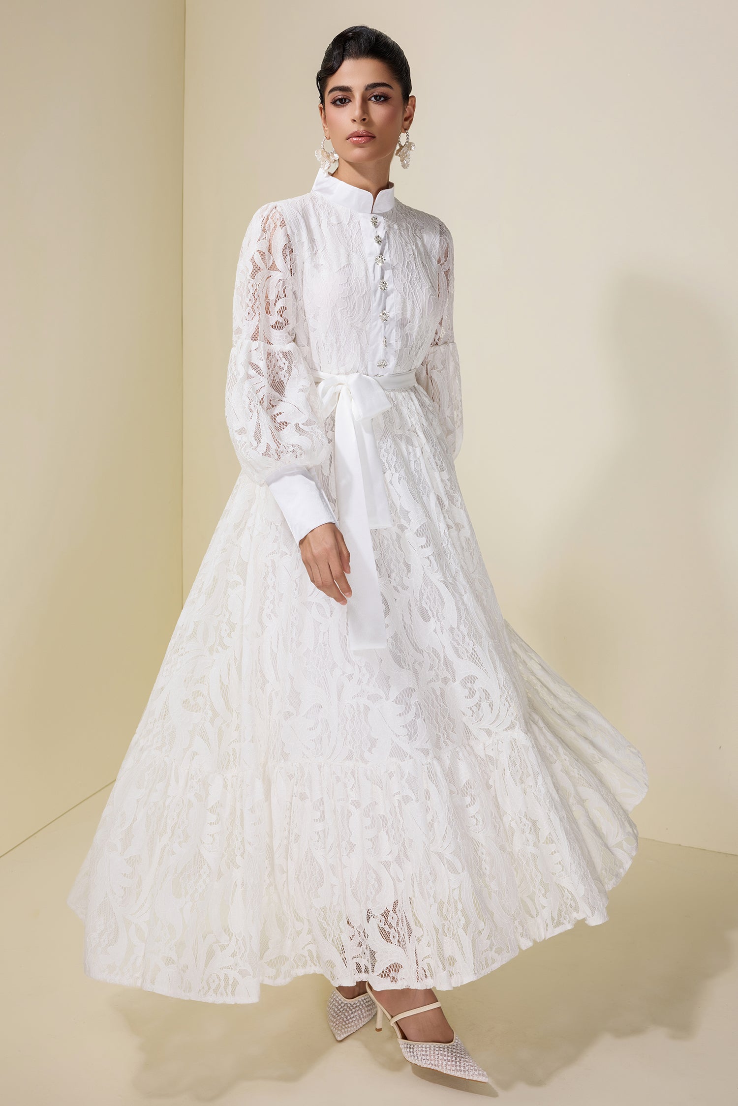 Lace Puff Sleeve Maxi Dress With Belt