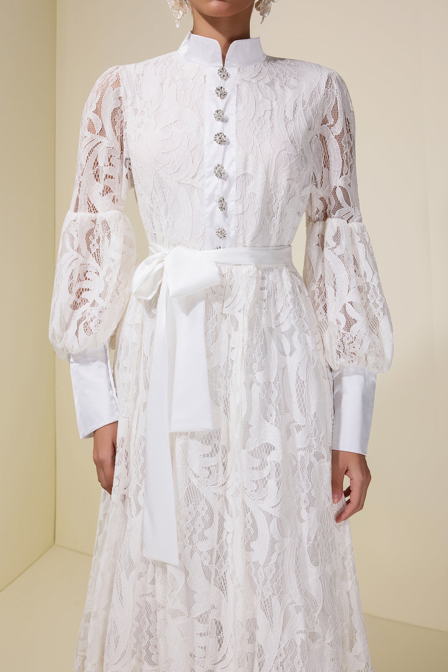 Lace Puff Sleeve Maxi Dress With Belt