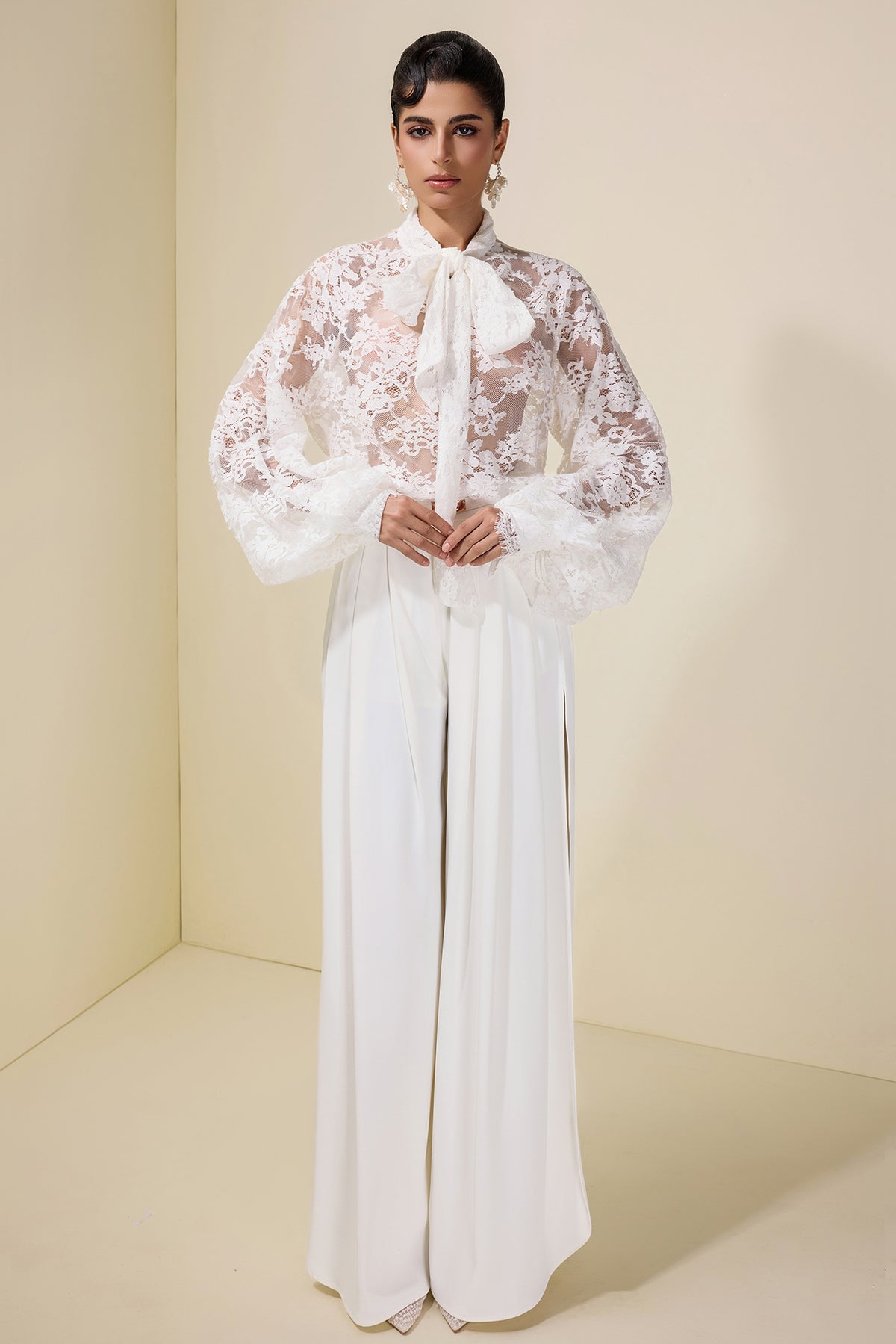Lace Tie-Up Top & Loose Pants Set With Belt