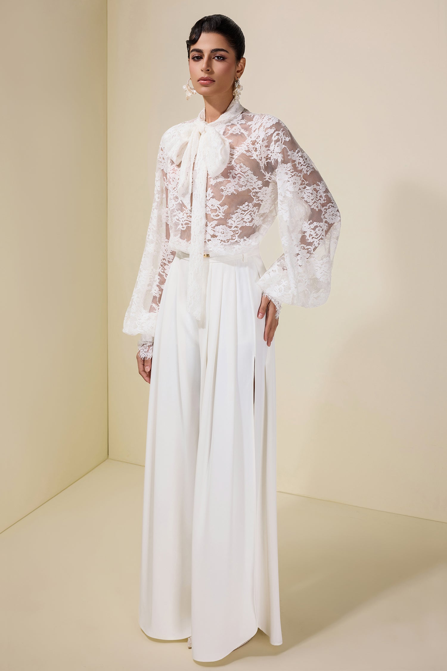 Lace Tie-Up Top & Loose Pants Set With Belt