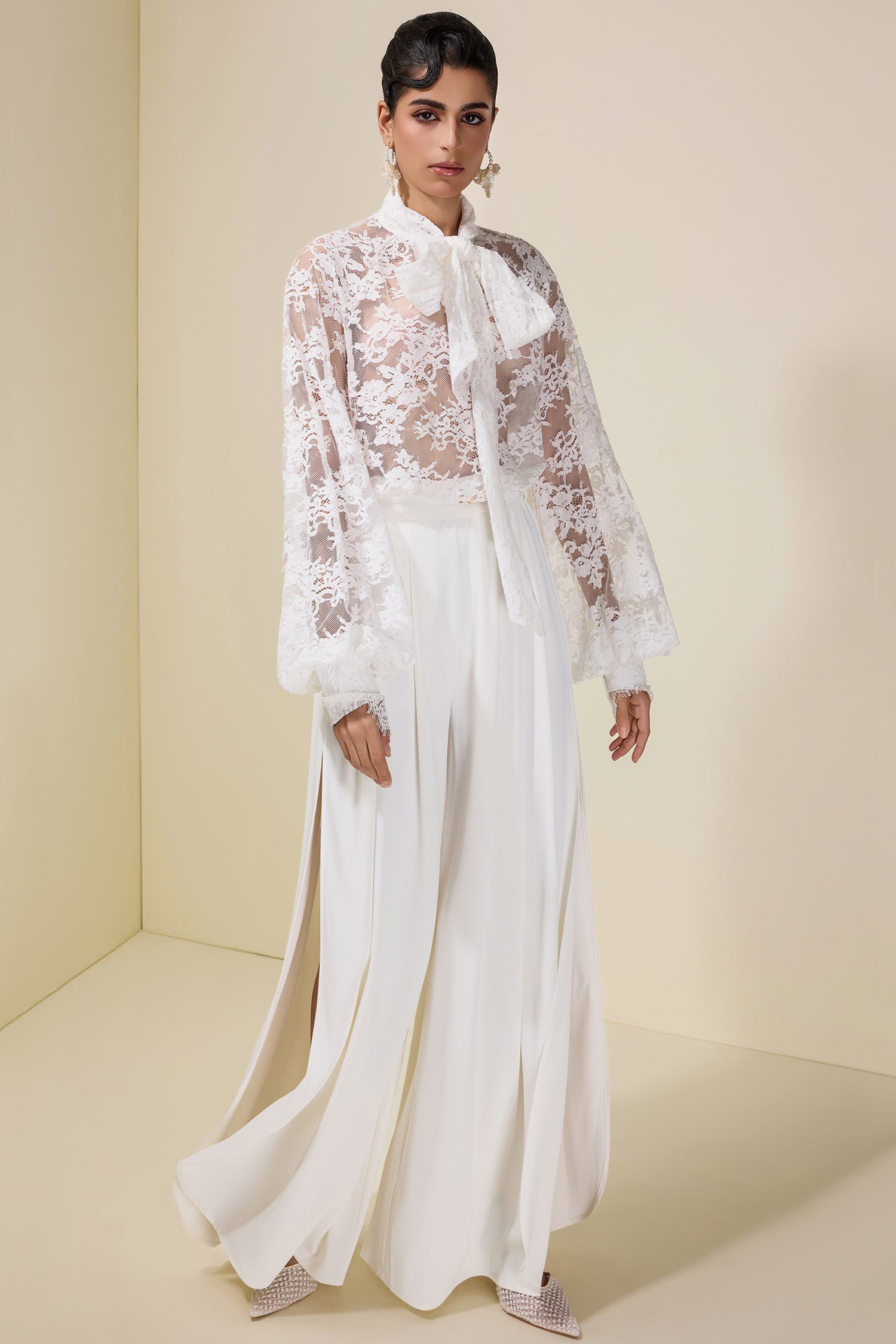 Lace Tie-Up Top & Loose Pants Set With Belt