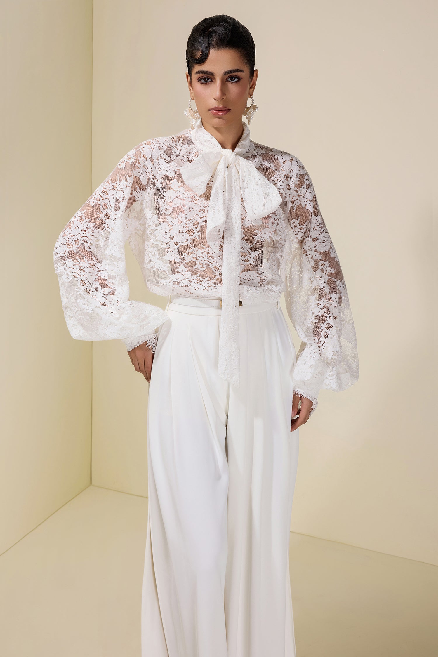 Lace Tie-Up Top & Loose Pants Set With Belt
