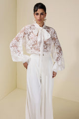 Lace Tie-Up Top & Loose Pants Set With Belt