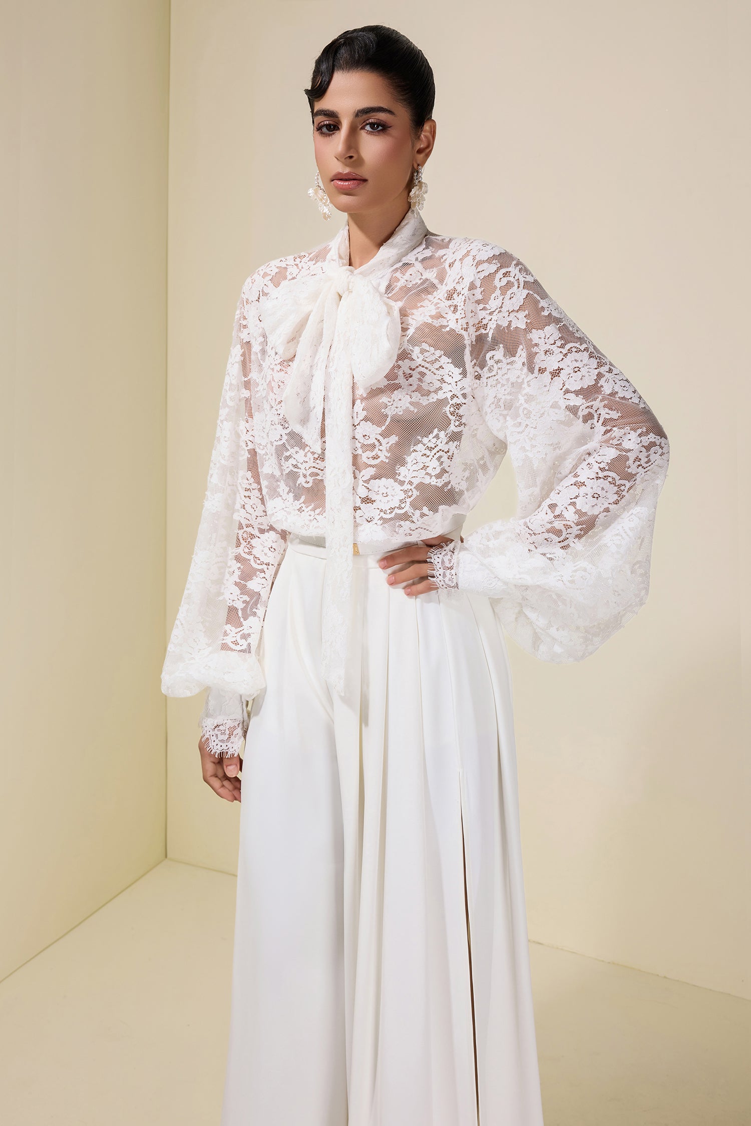 Lace Tie-Up Top & Loose Pants Set With Belt