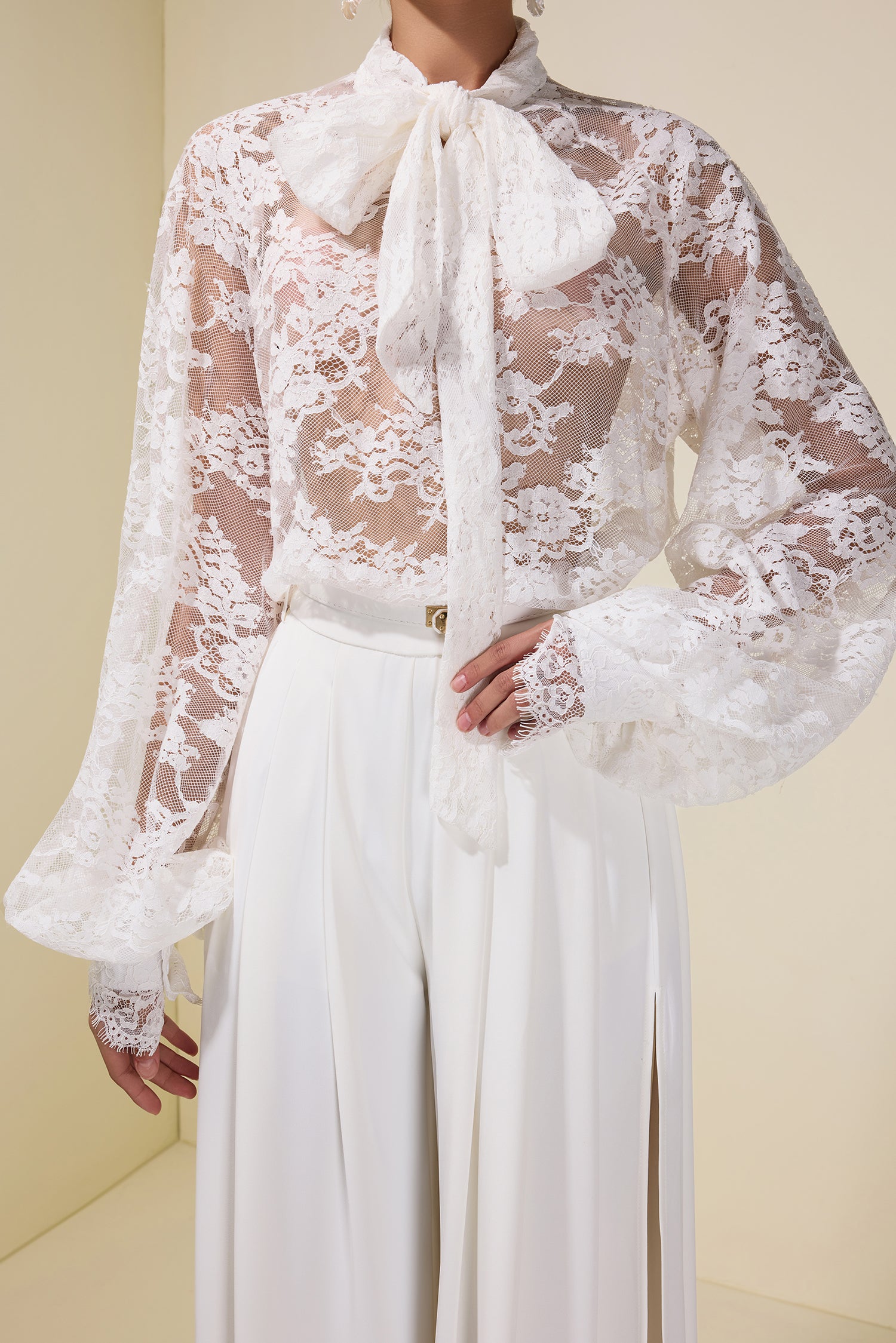 Lace Tie-Up Top & Loose Pants Set With Belt