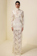 Lace Splicing Satin High Neck Maxi Dress