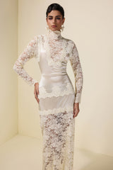 Lace Splicing Satin High Neck Maxi Dress