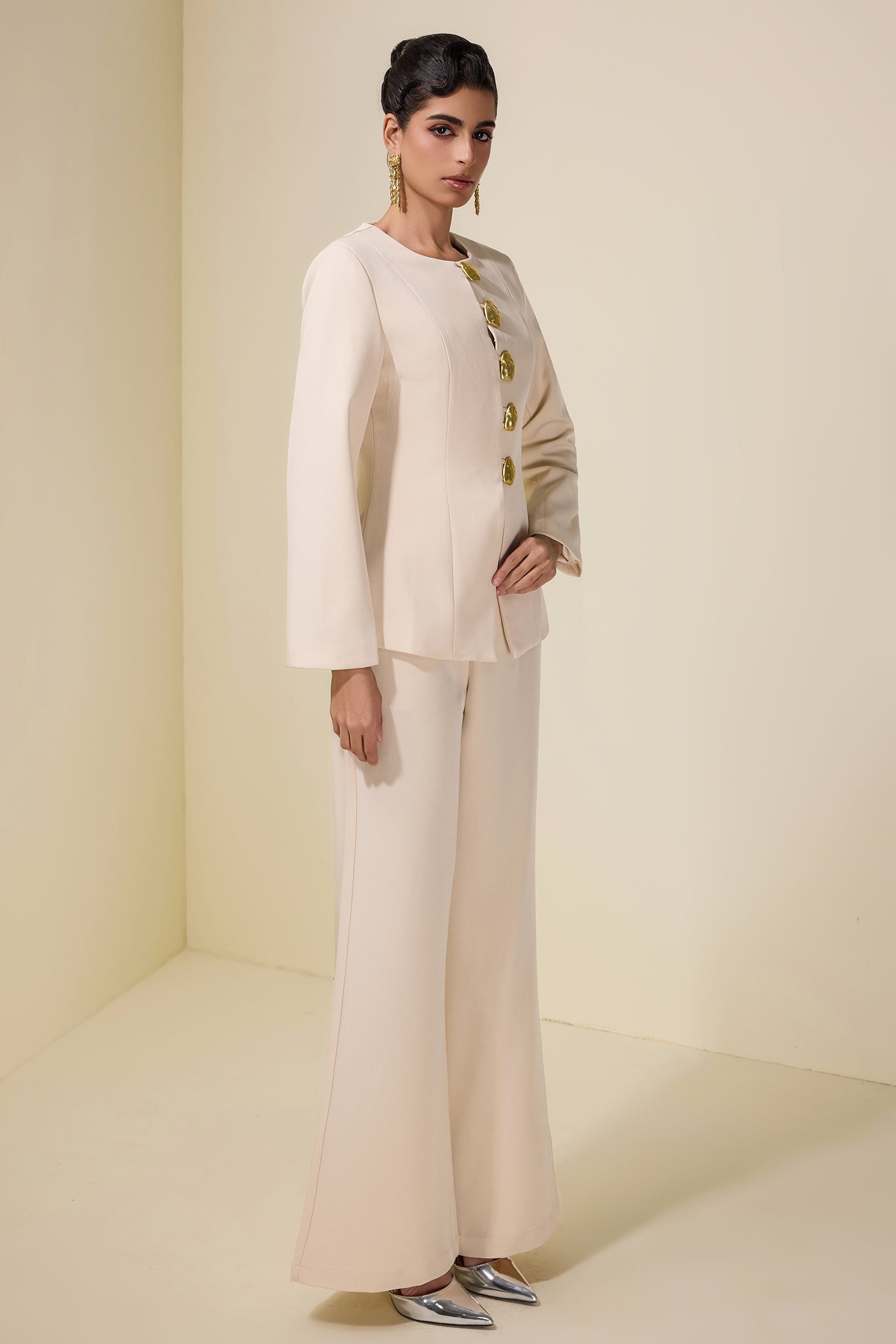 Metal Button Long Sleeve Top & Pants Set