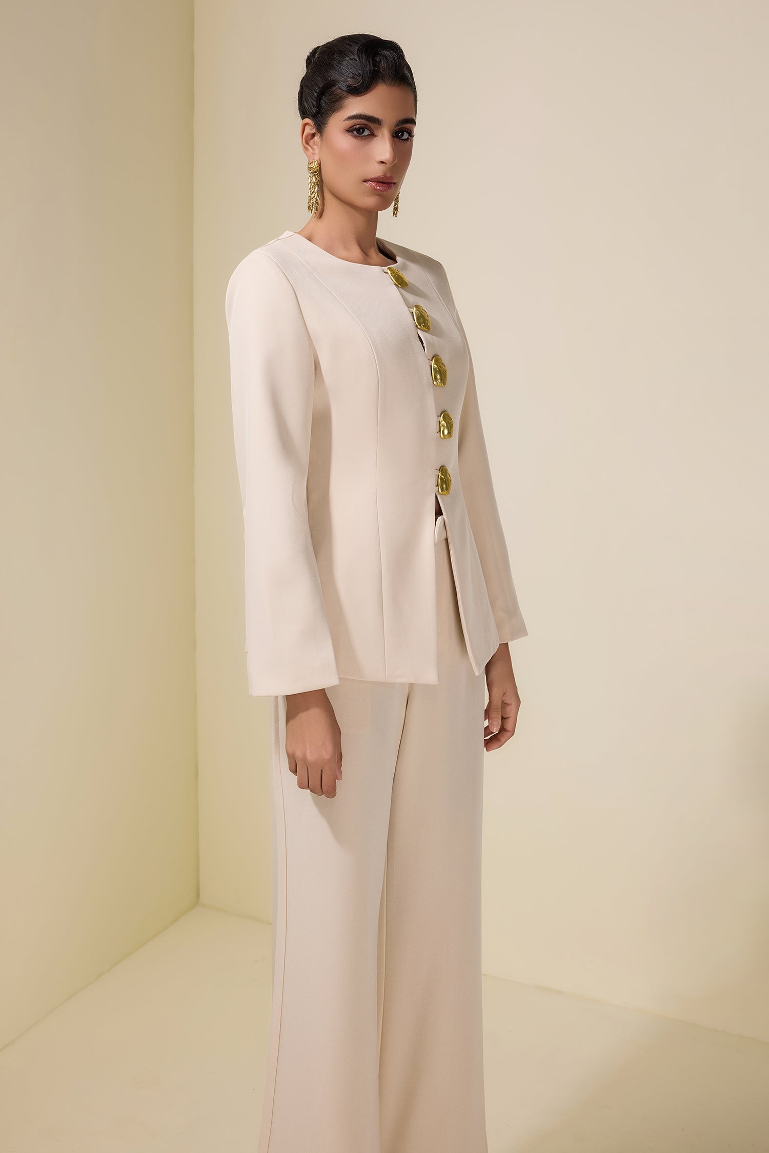 Metal Button Long Sleeve Top & Pants Set