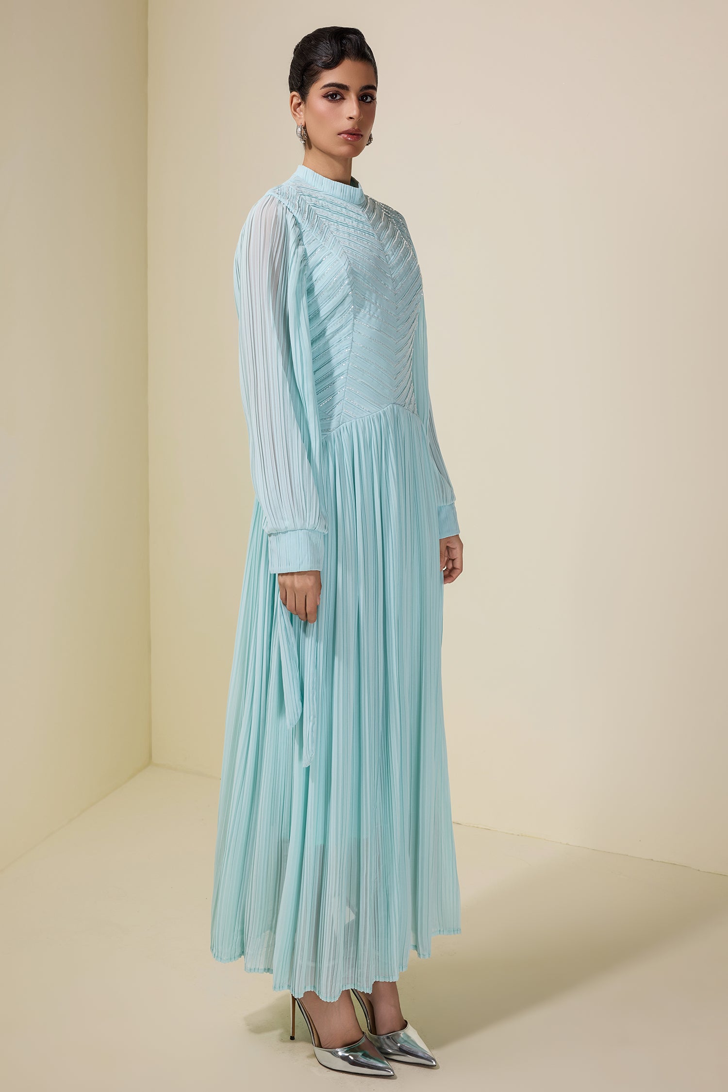 Chiffon Pleated Beaded Maxi Dress