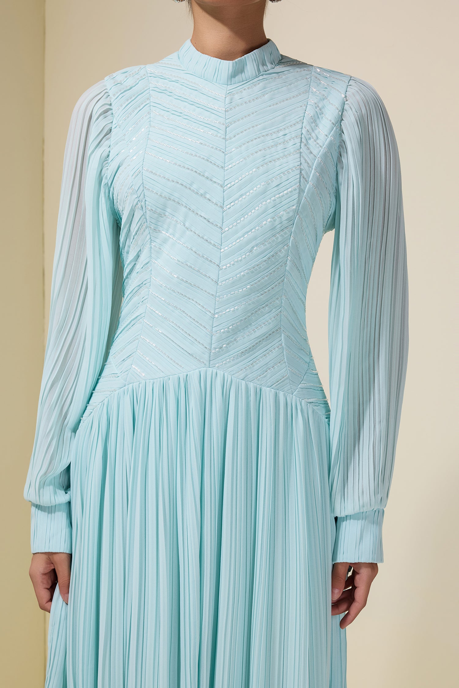 Chiffon Pleated Beaded Maxi Dress