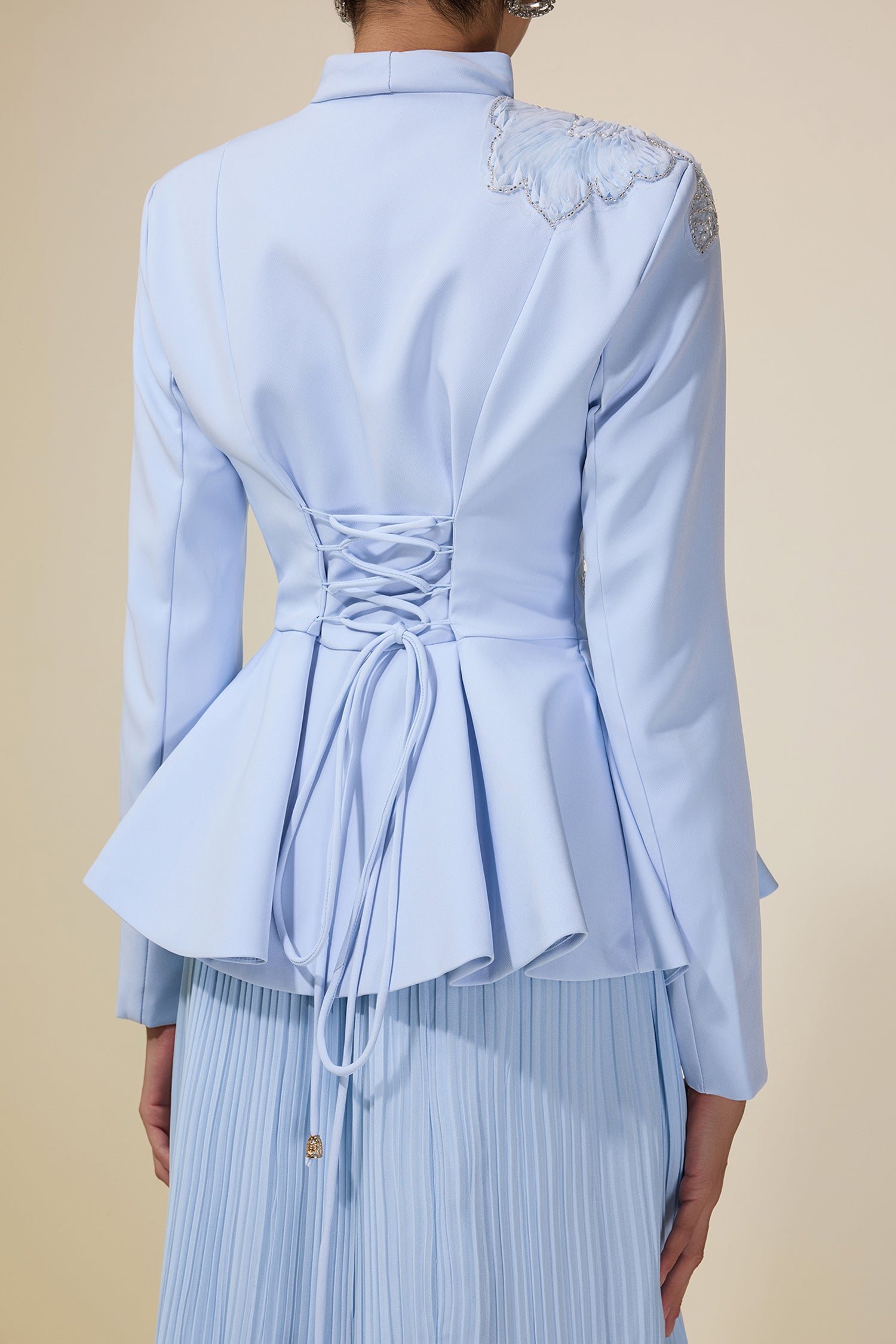 Embroidered Stand Collar Top & Pleated Midi Skirt Set