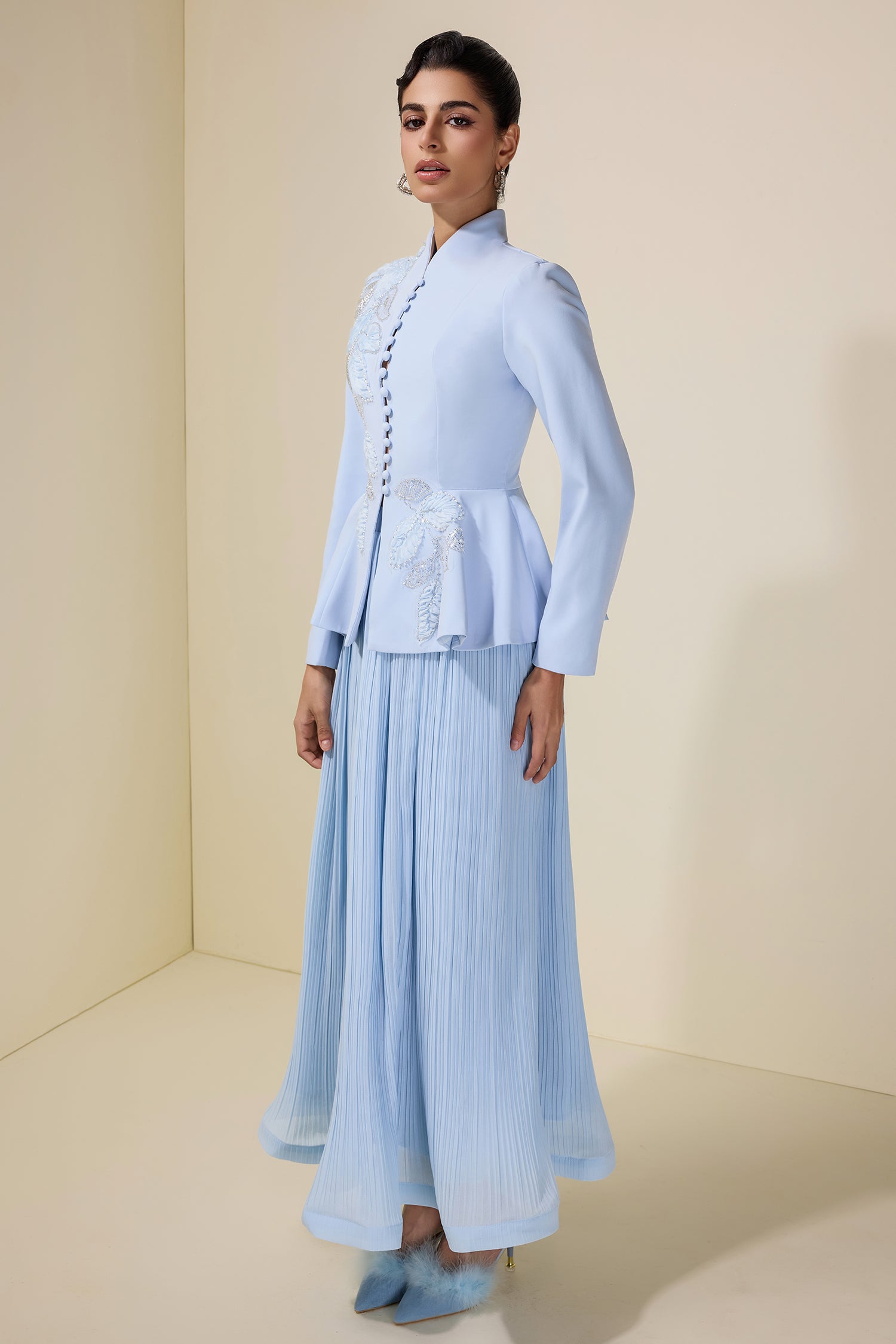 Embroidered Stand Collar Top & Pleated Midi Skirt Set