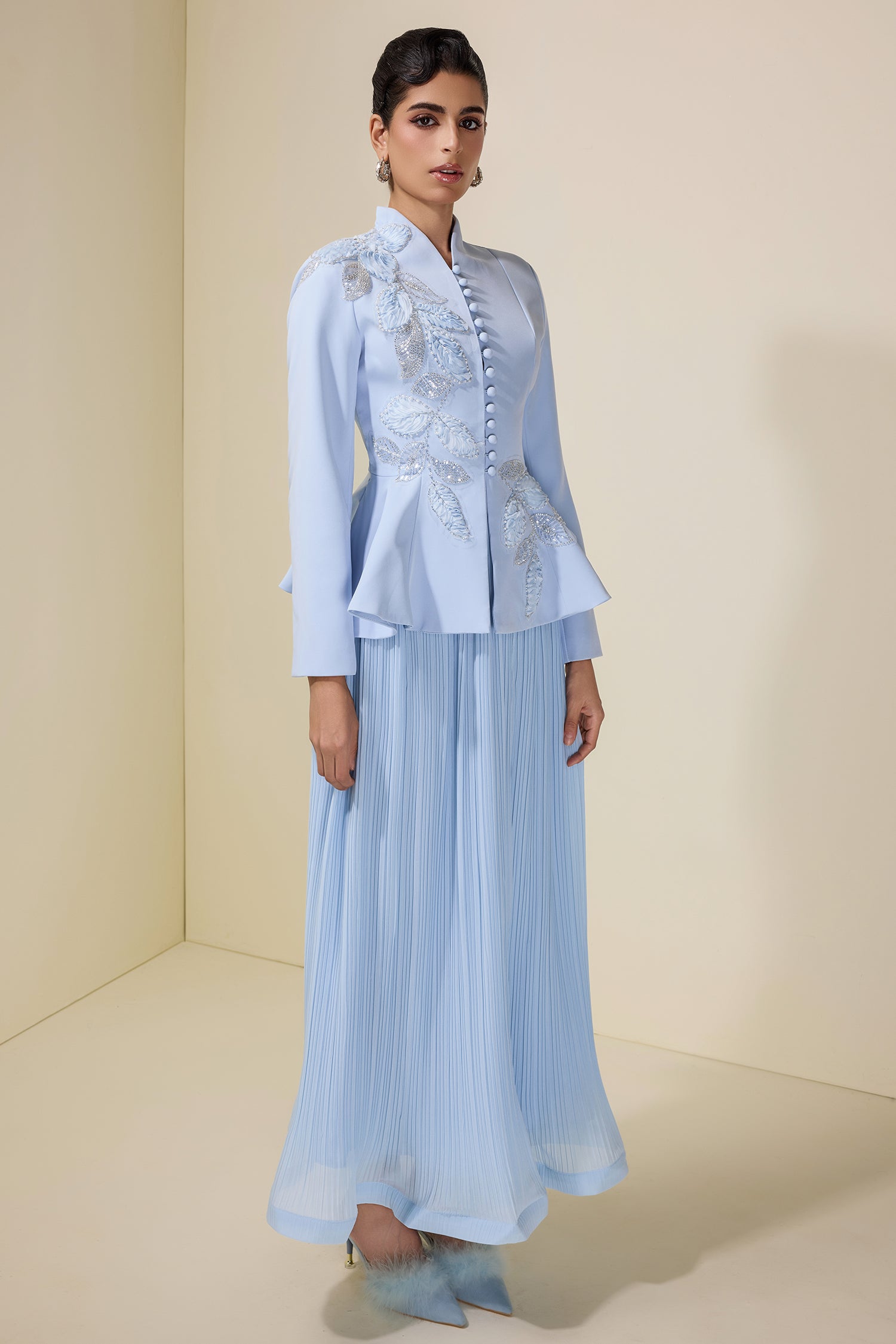 Embroidered Stand Collar Top & Pleated Midi Skirt Set