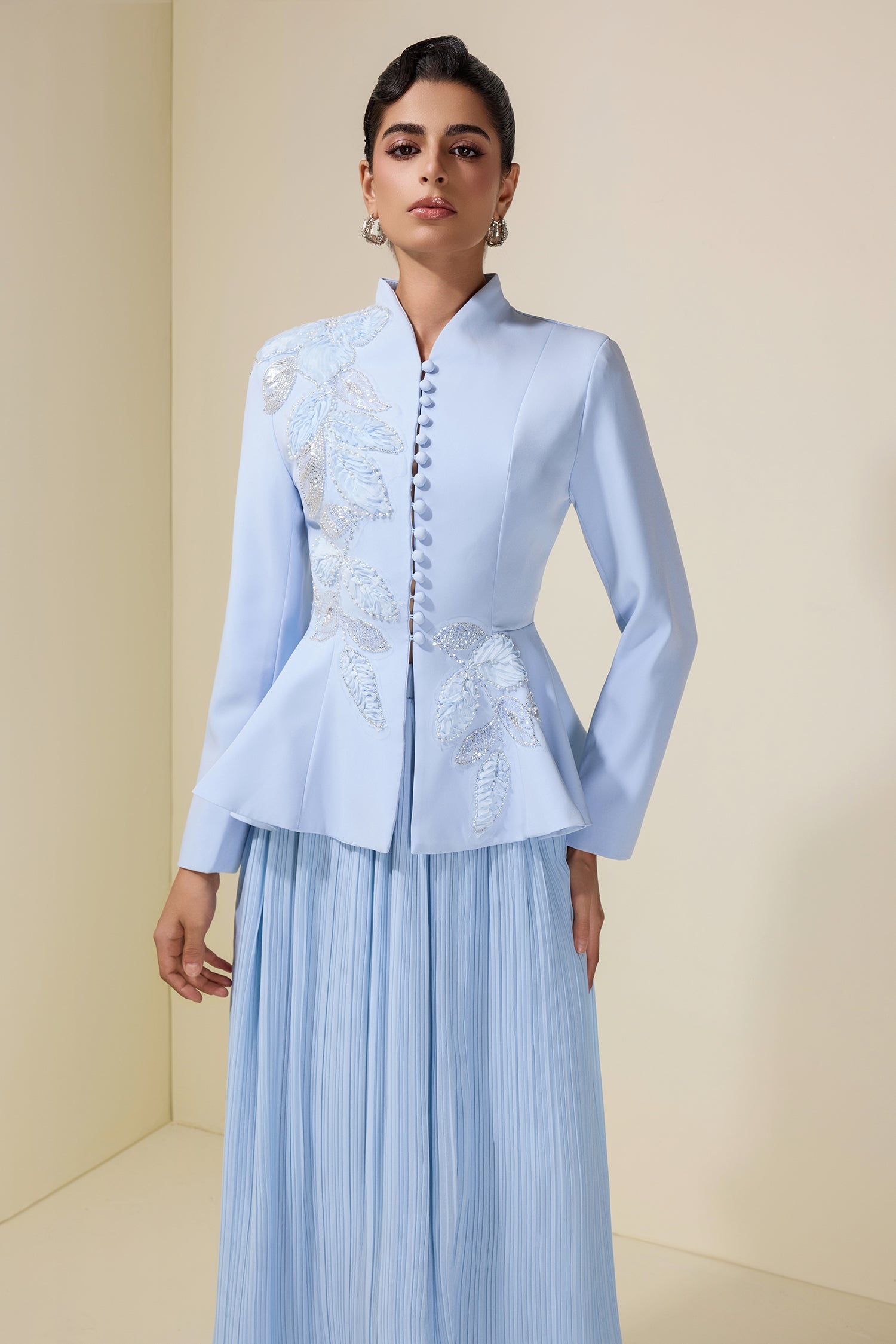 Embroidered Stand Collar Top & Pleated Midi Skirt Set