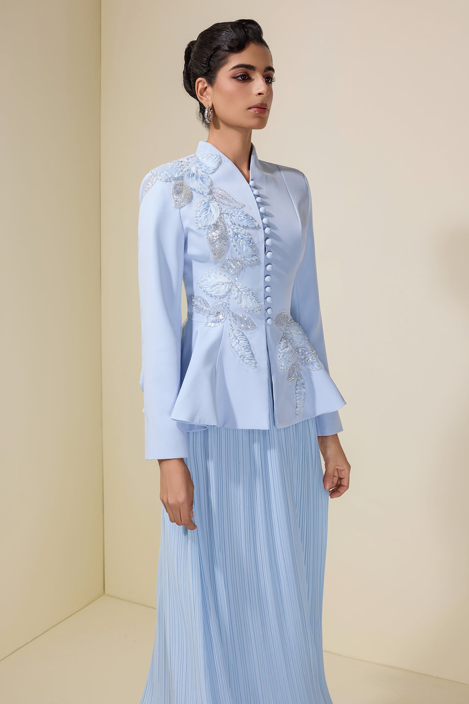 Embroidered Stand Collar Top & Pleated Midi Skirt Set