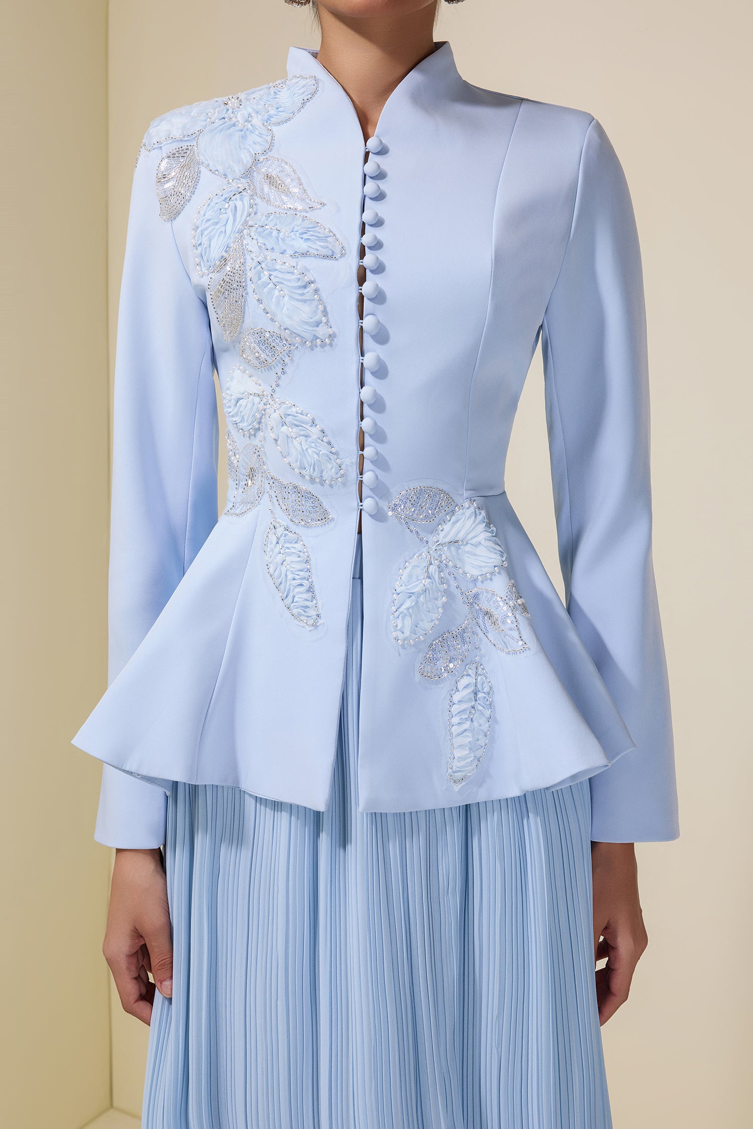 Embroidered Stand Collar Top & Pleated Midi Skirt Set