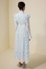 Chiffon Embroidered Single Breasted Midi Dress With Belt