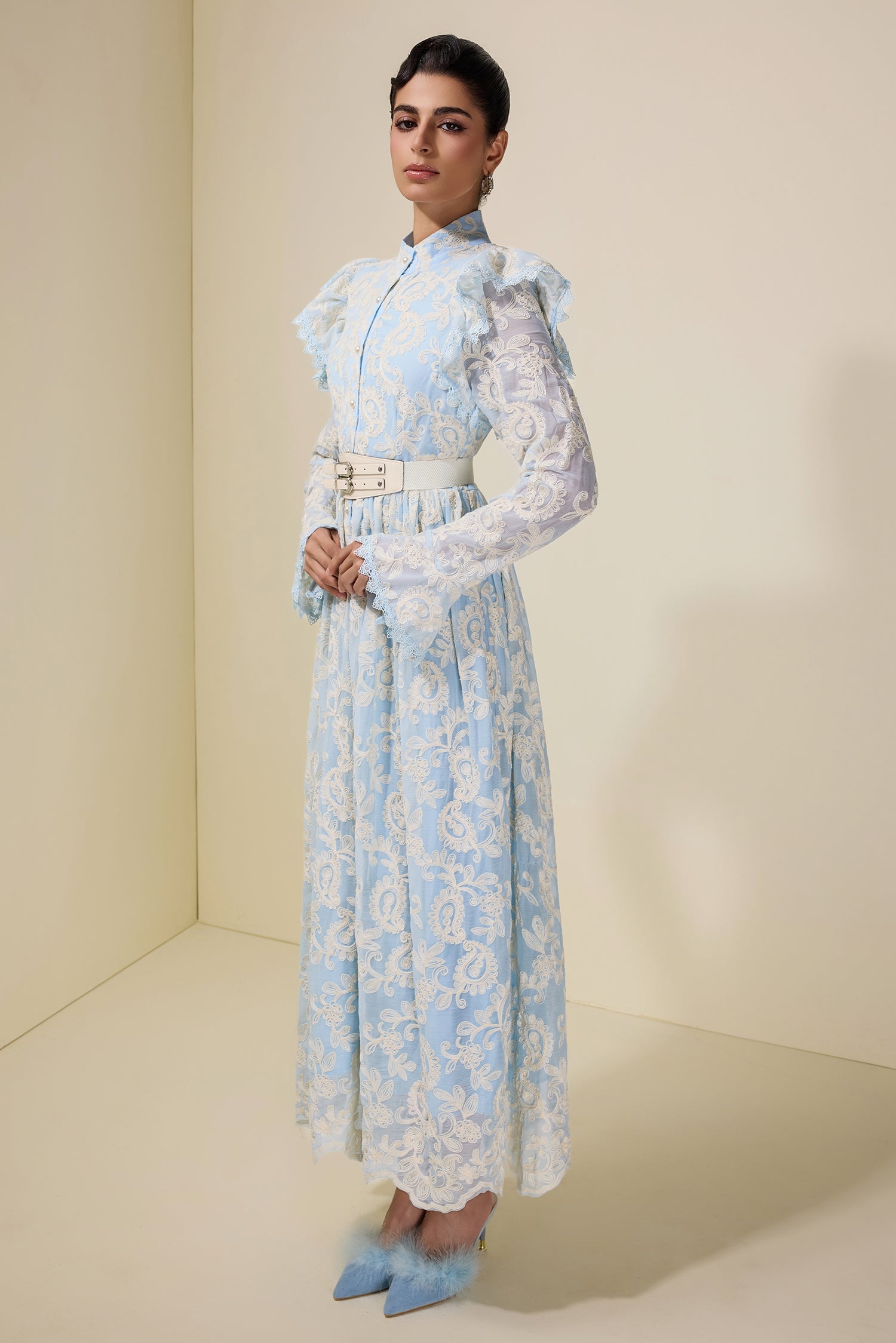 Chiffon Embroidered Single Breasted Midi Dress With Belt