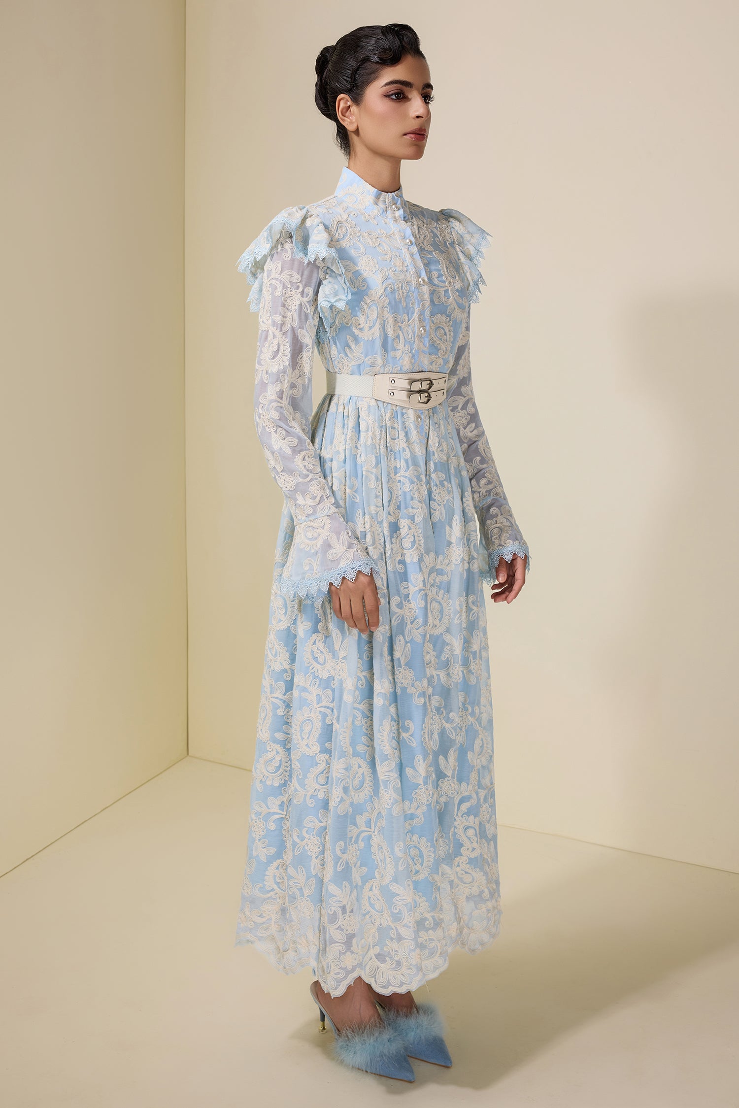 Chiffon Embroidered Single Breasted Midi Dress With Belt