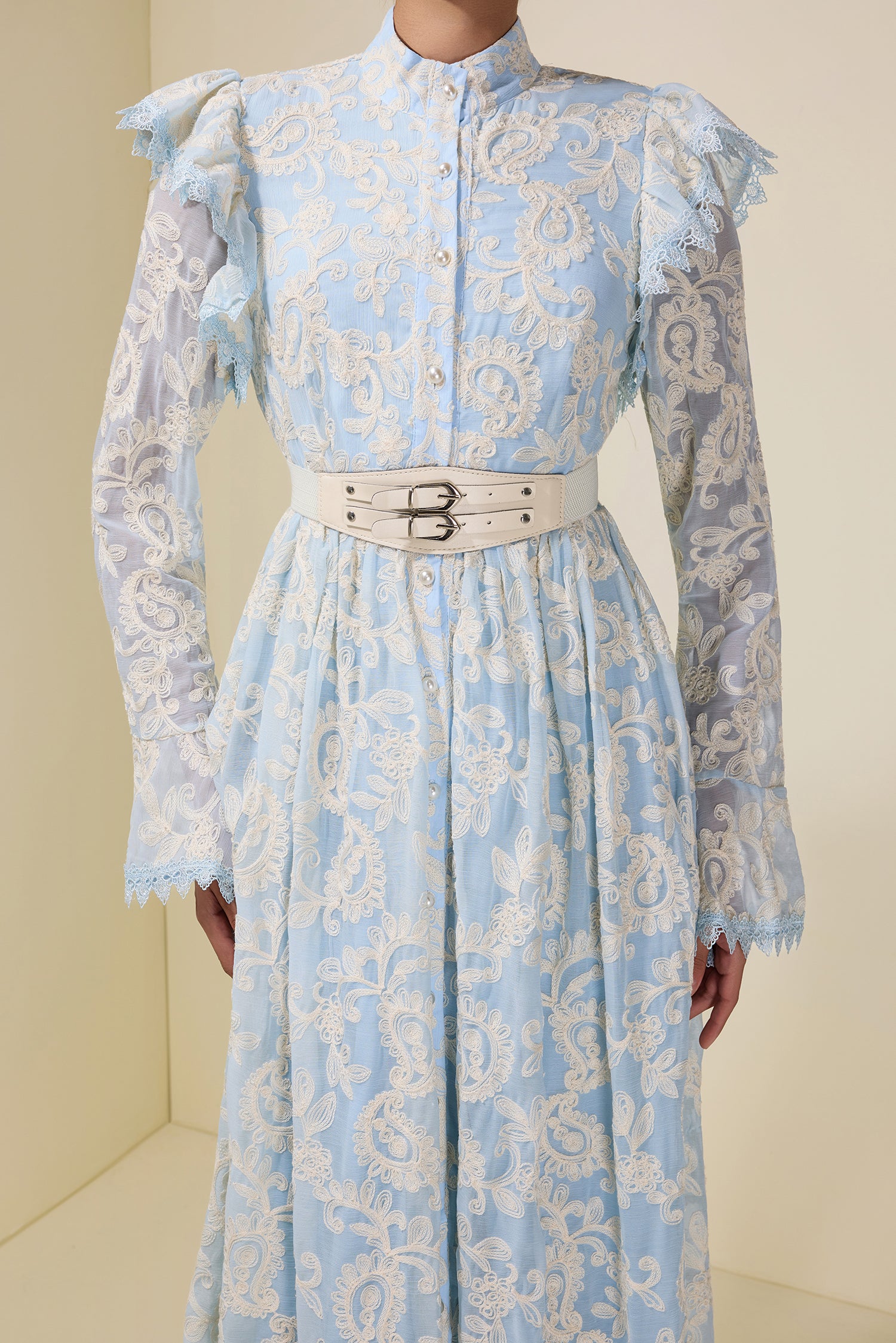 Chiffon Embroidered Single Breasted Midi Dress With Belt