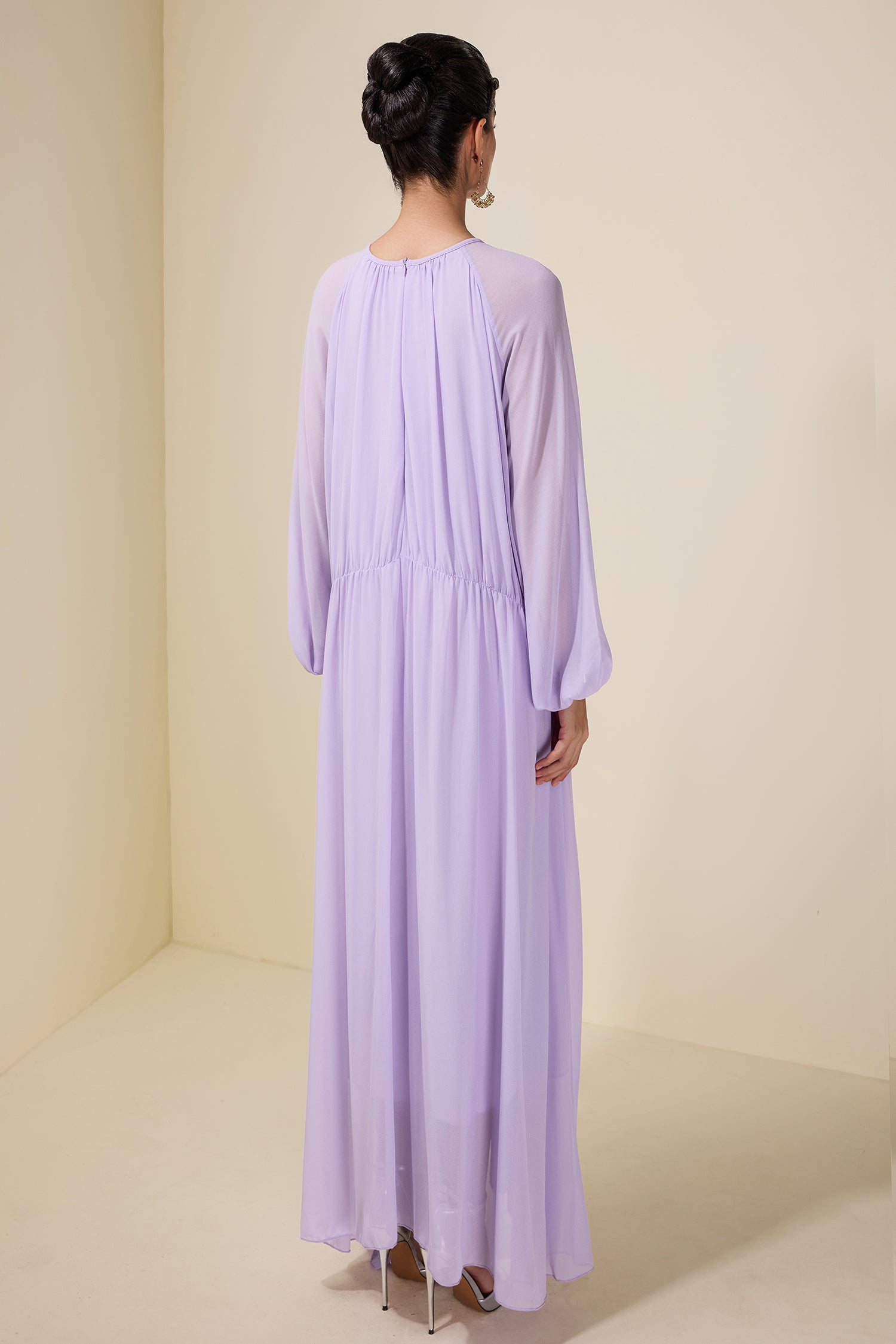3D Flower Chiffon Raglan Sleeve Maxi Dress