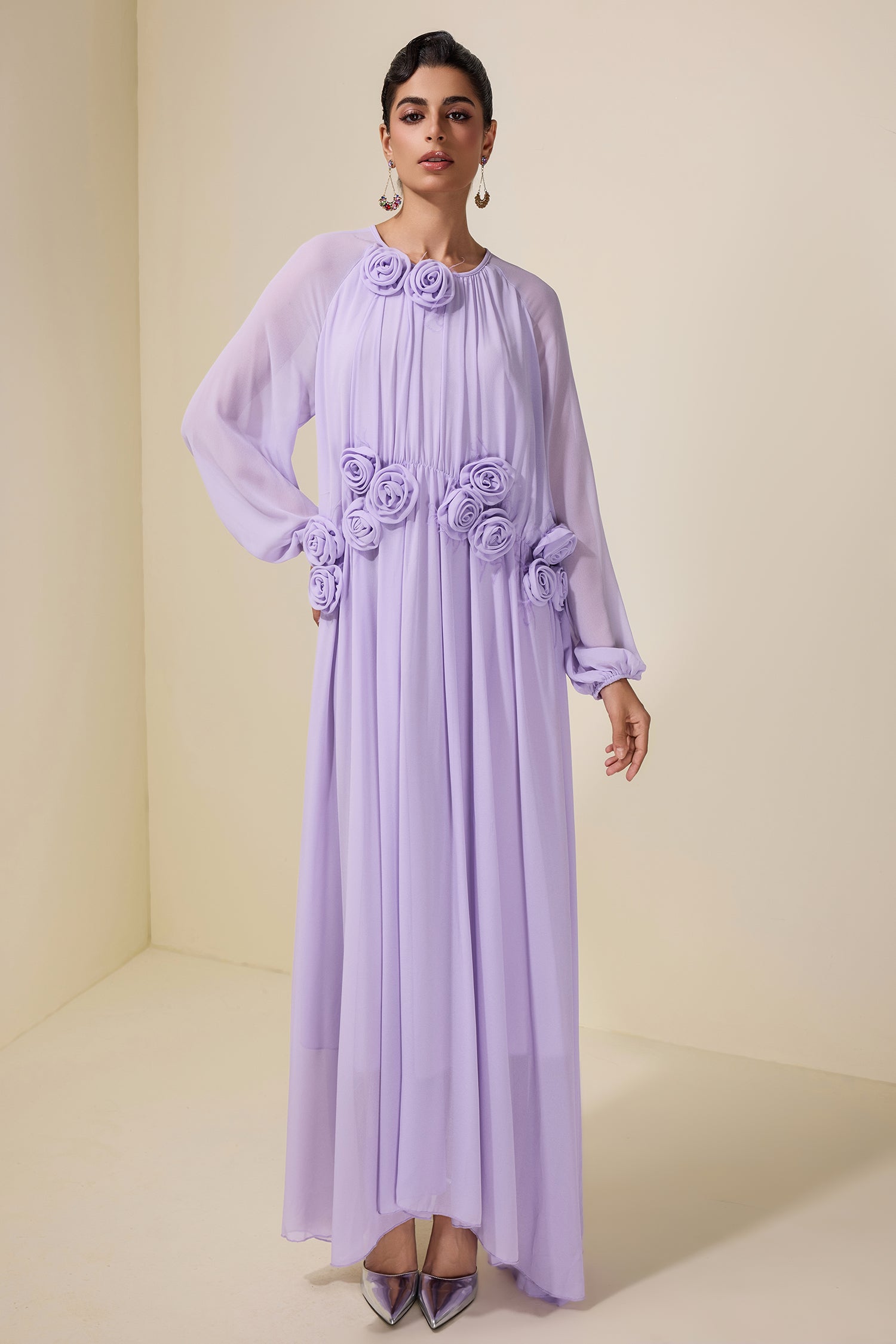 3D Flower Chiffon Raglan Sleeve Maxi Dress