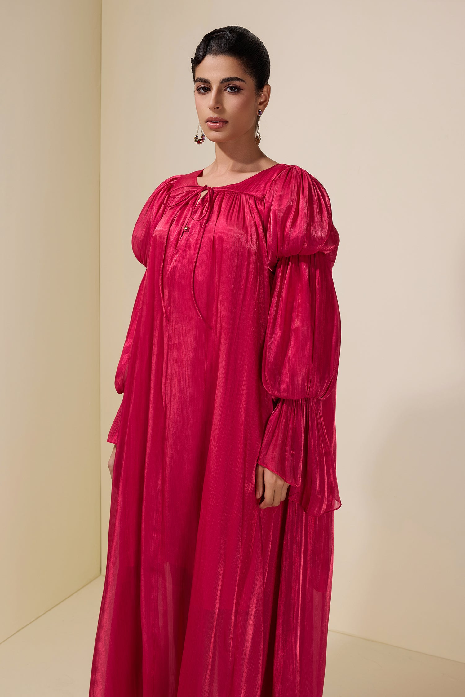 Satin Tie-Up Lantern Sleeve Maxi Dress