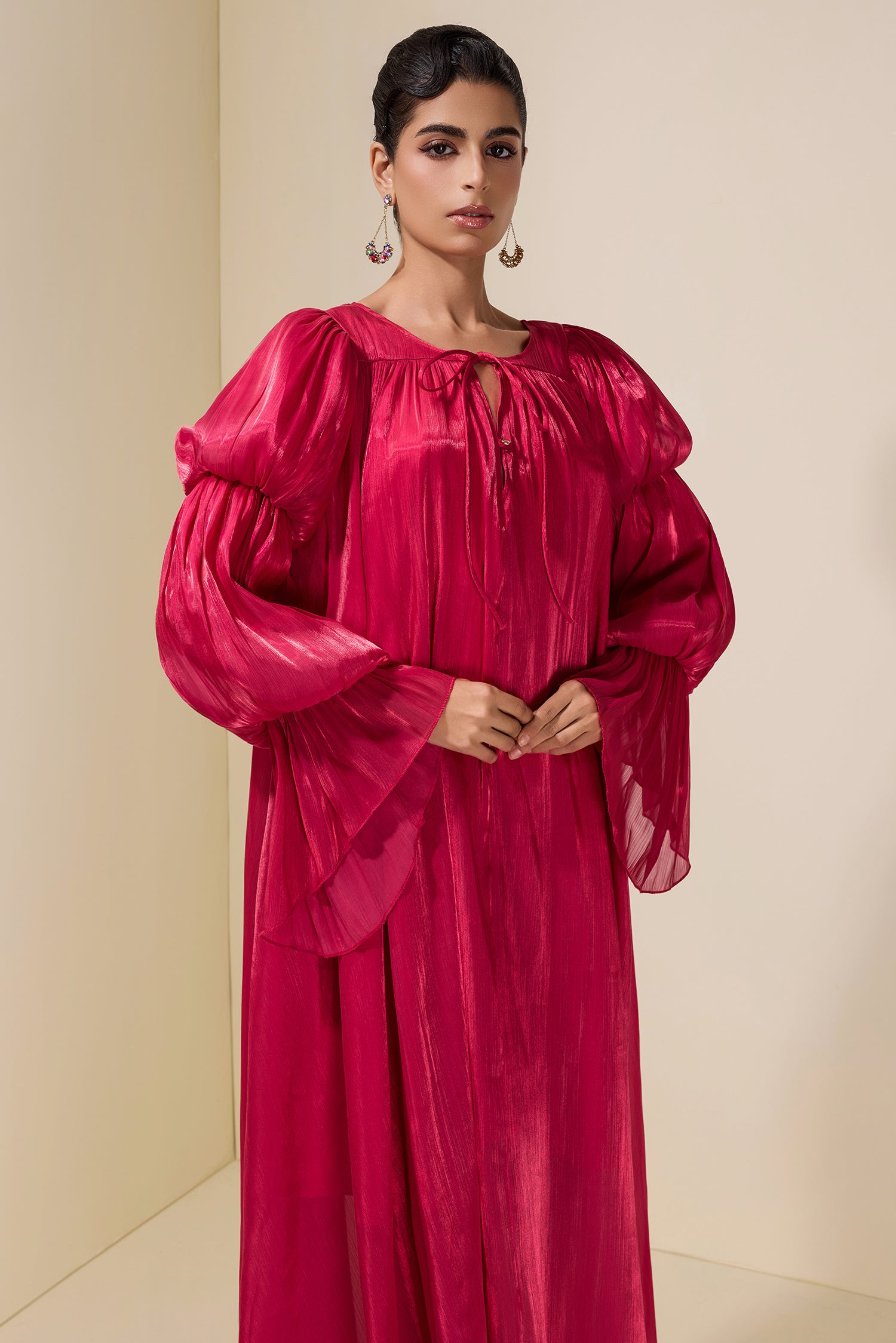 Satin Tie-Up Lantern Sleeve Maxi Dress