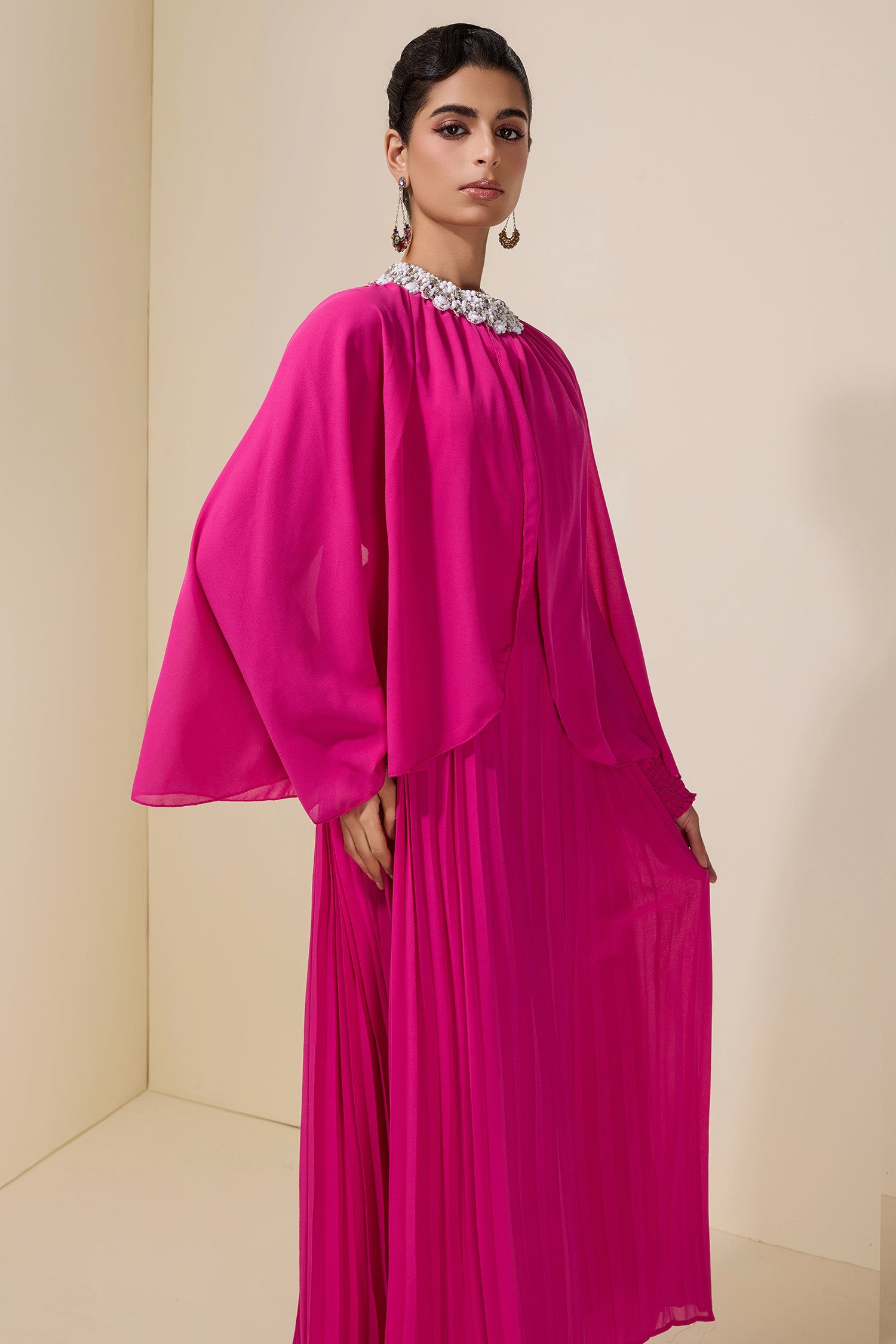 Rhinestone Rivets Pleated Cape Sleeve Midi Dress