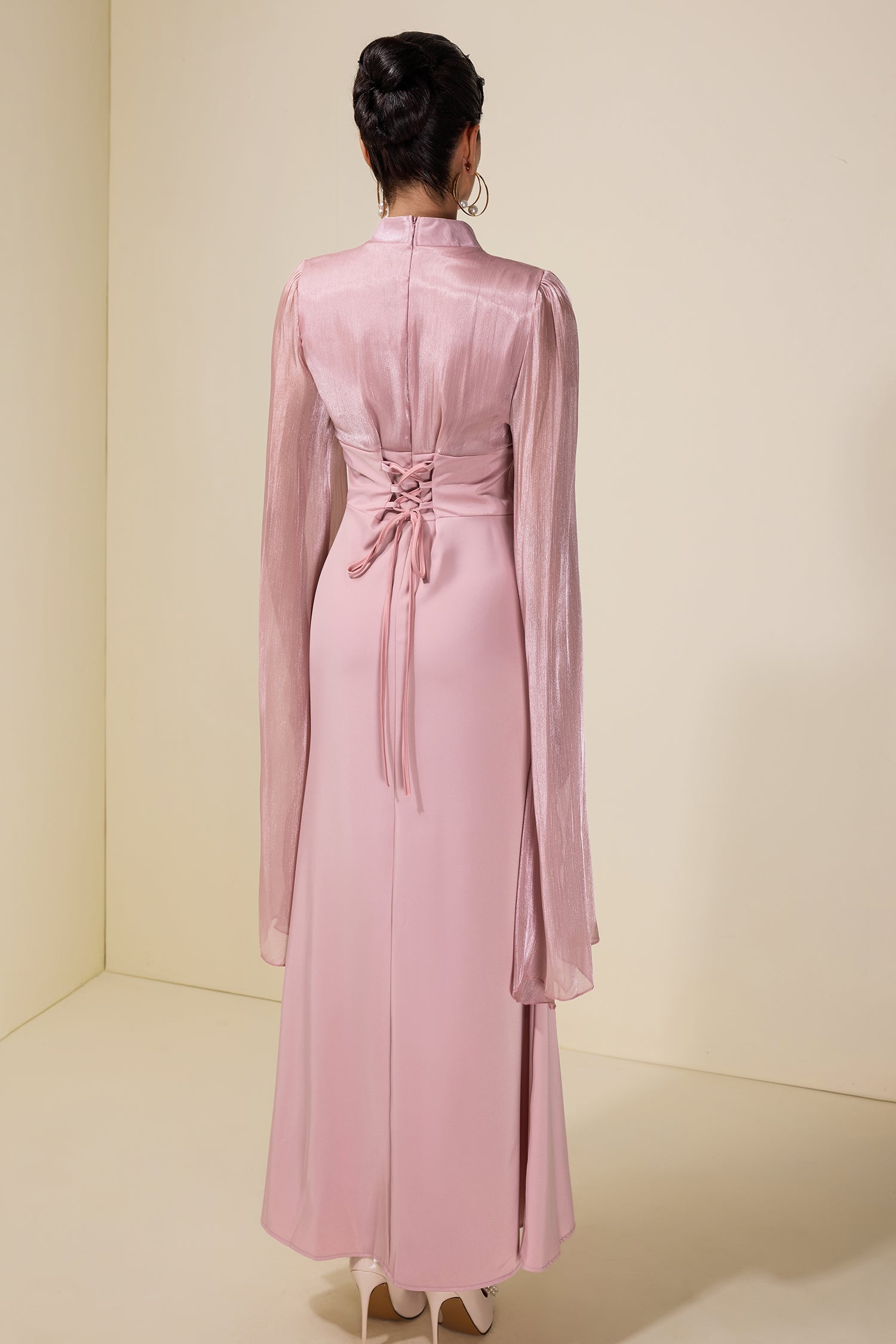 Satin Splicing Organza Cape Sleeve Maxi Dress