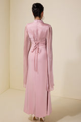 Satin Splicing Organza Cape Sleeve Maxi Dress