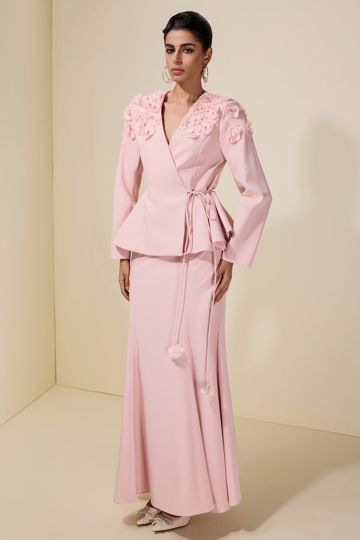 3D Flower Lace-Up Top & Maxi Skirt Set