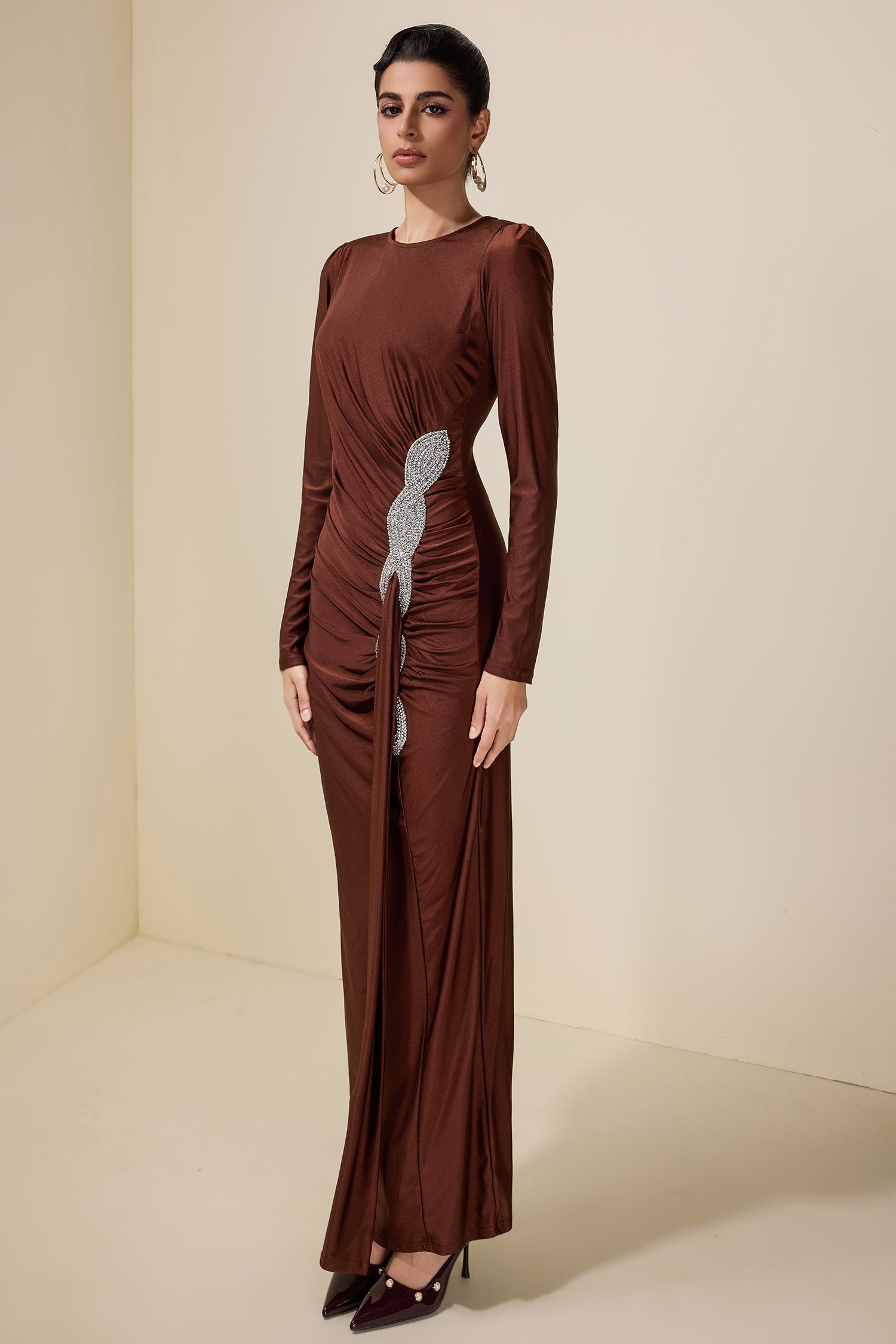 Rhinestone Draped Long Sleeve Maxi Dress