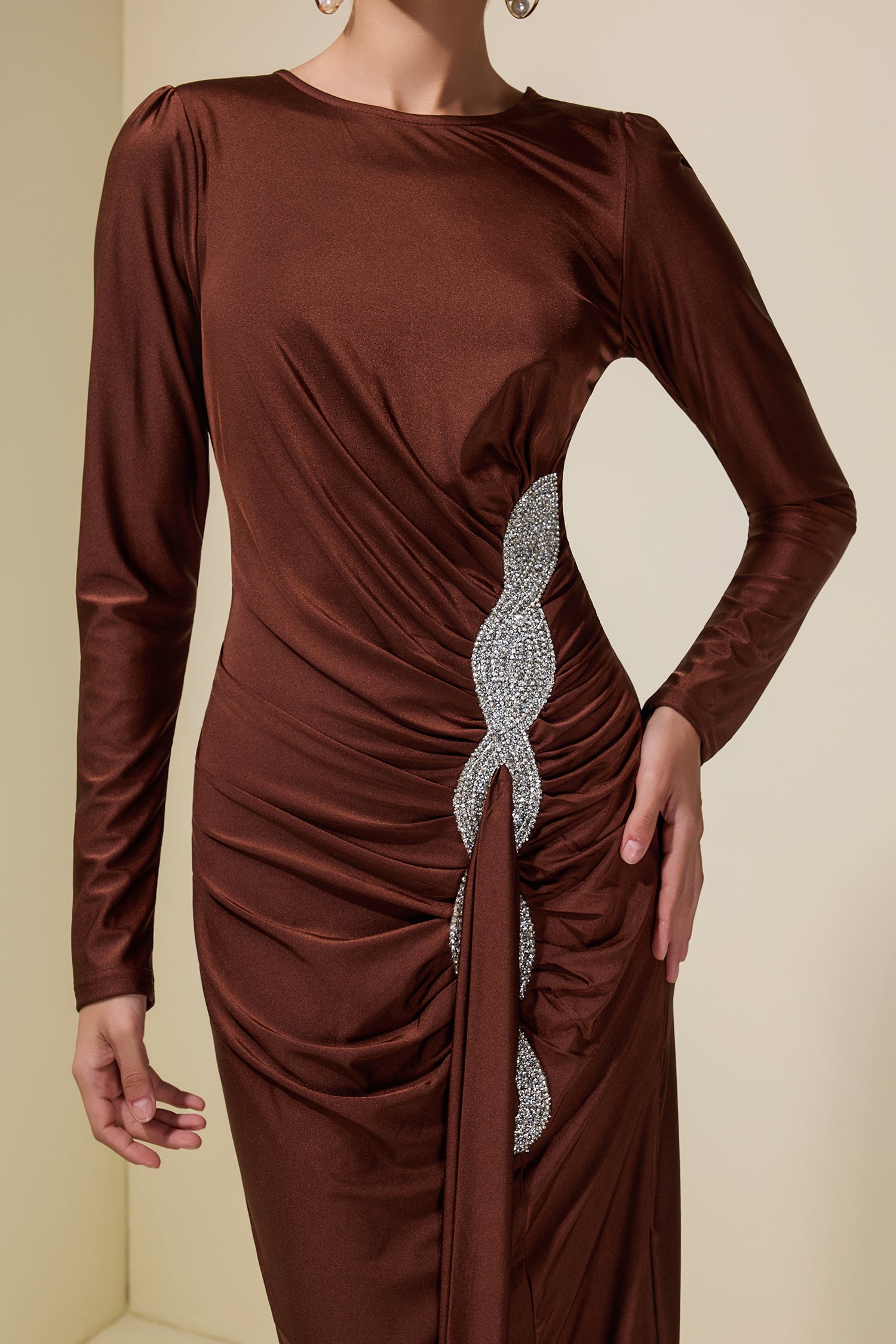 Rhinestone Draped Long Sleeve Maxi Dress