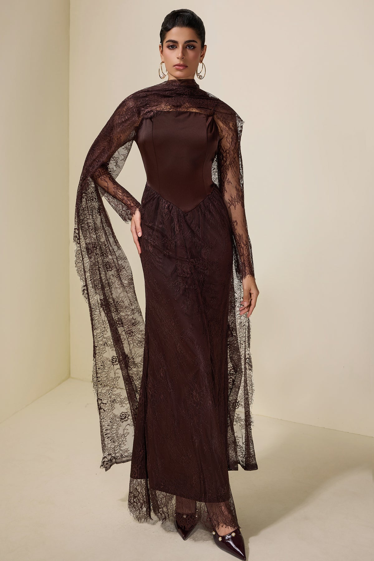 Lace Splicing Satin Tie-Up Maxi Dress