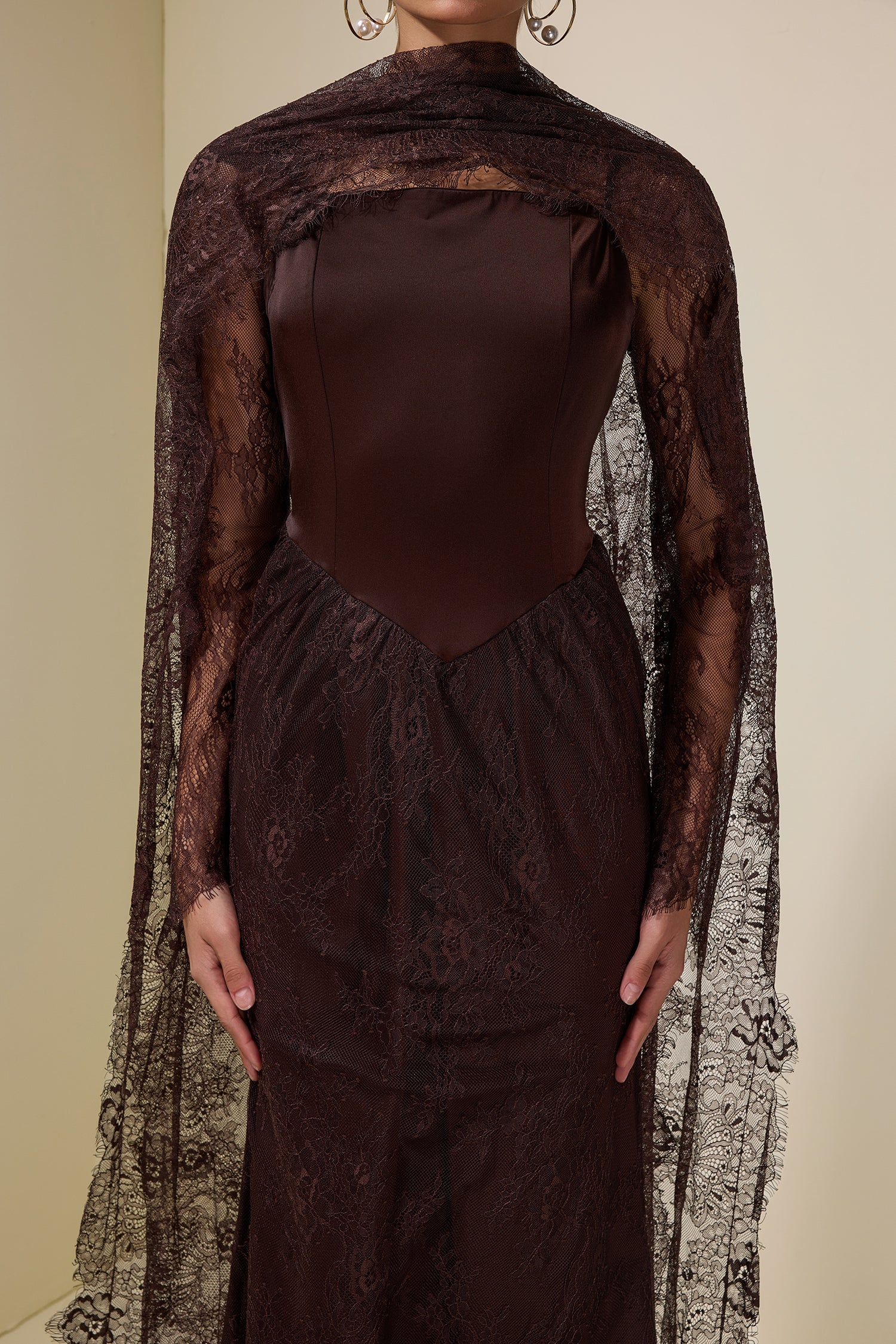 Lace Splicing Satin Tie-Up Maxi Dress