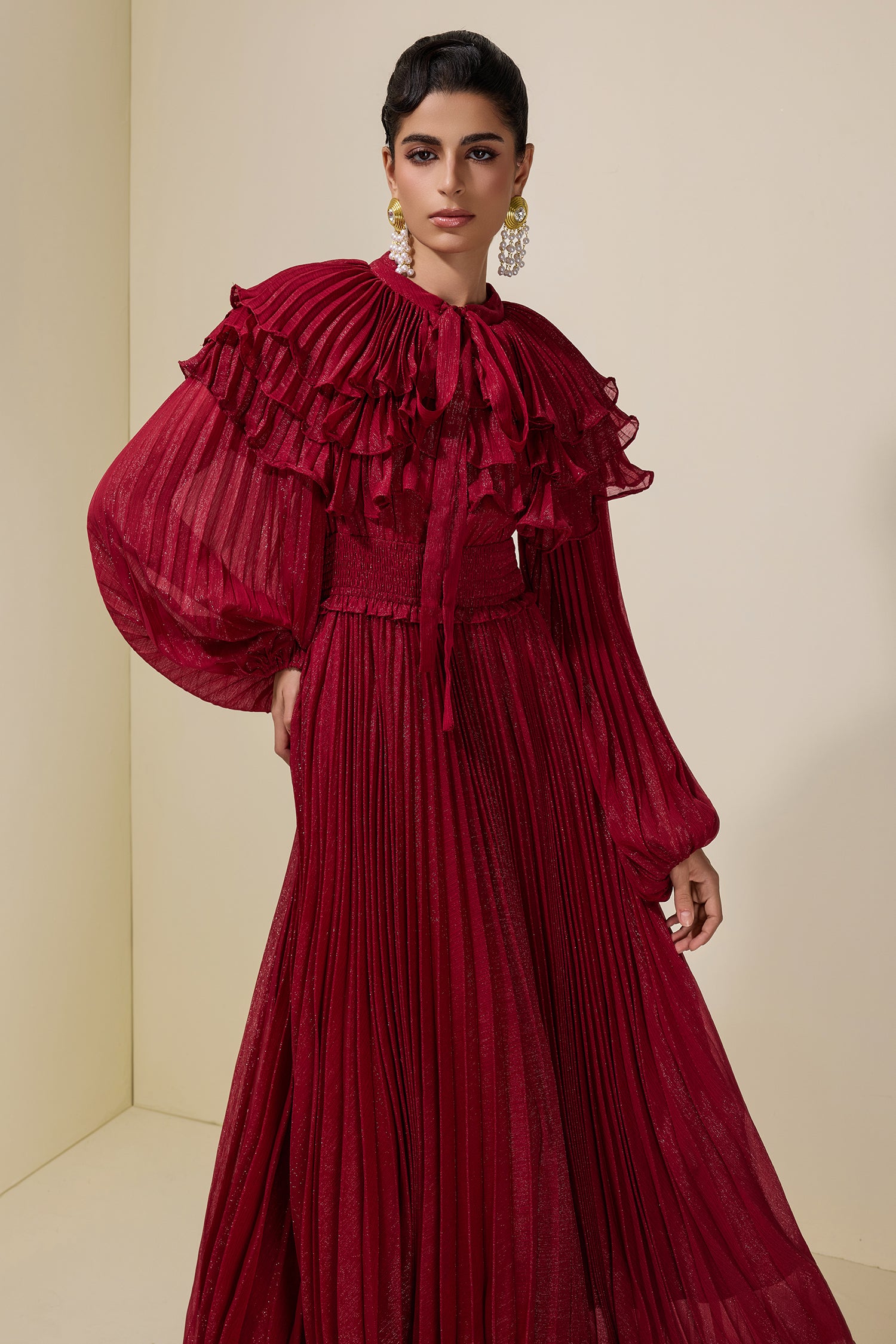Luxury Pleated Ruffle Maxi Dress