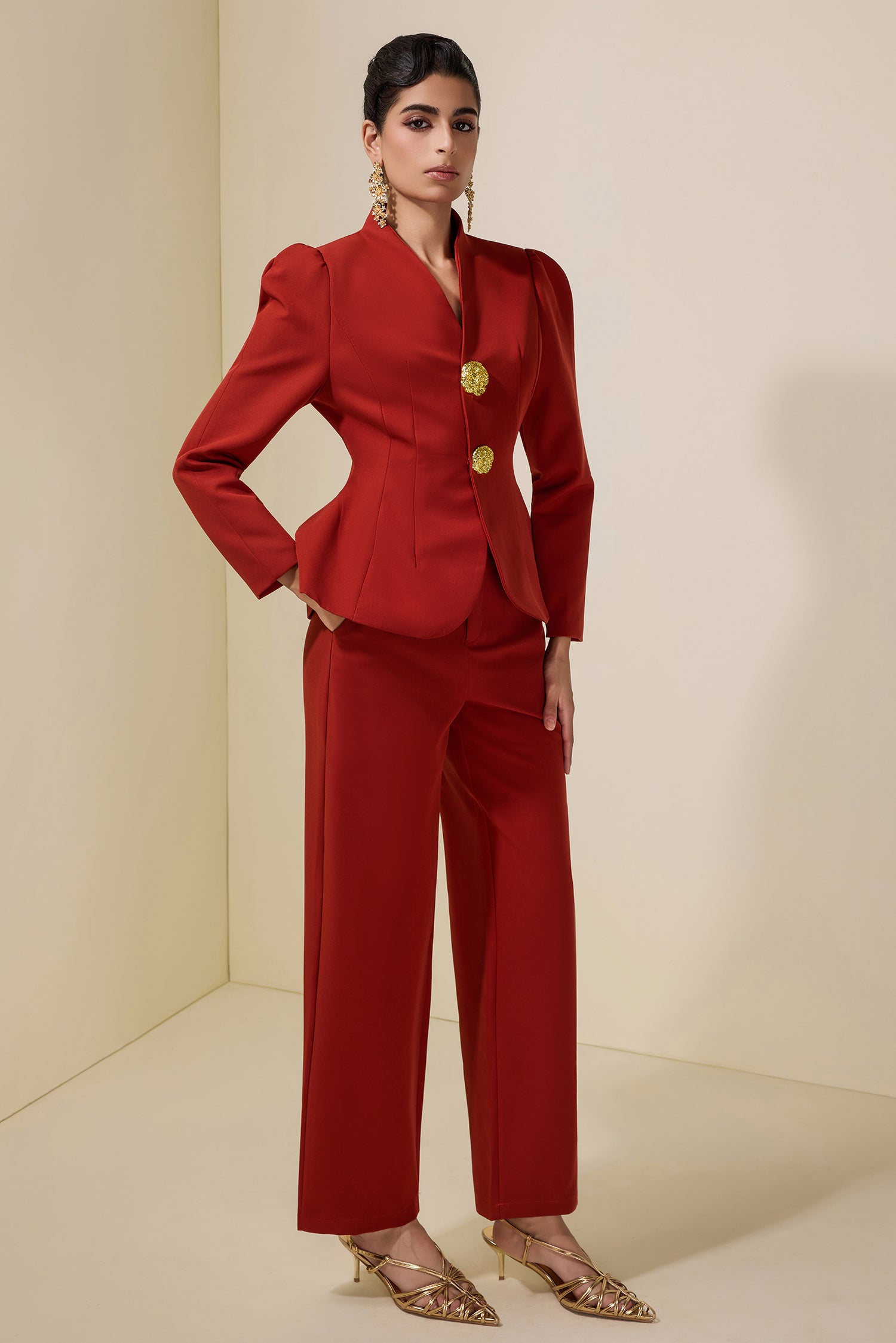 Solid Metal Button Blazer & Pants Set