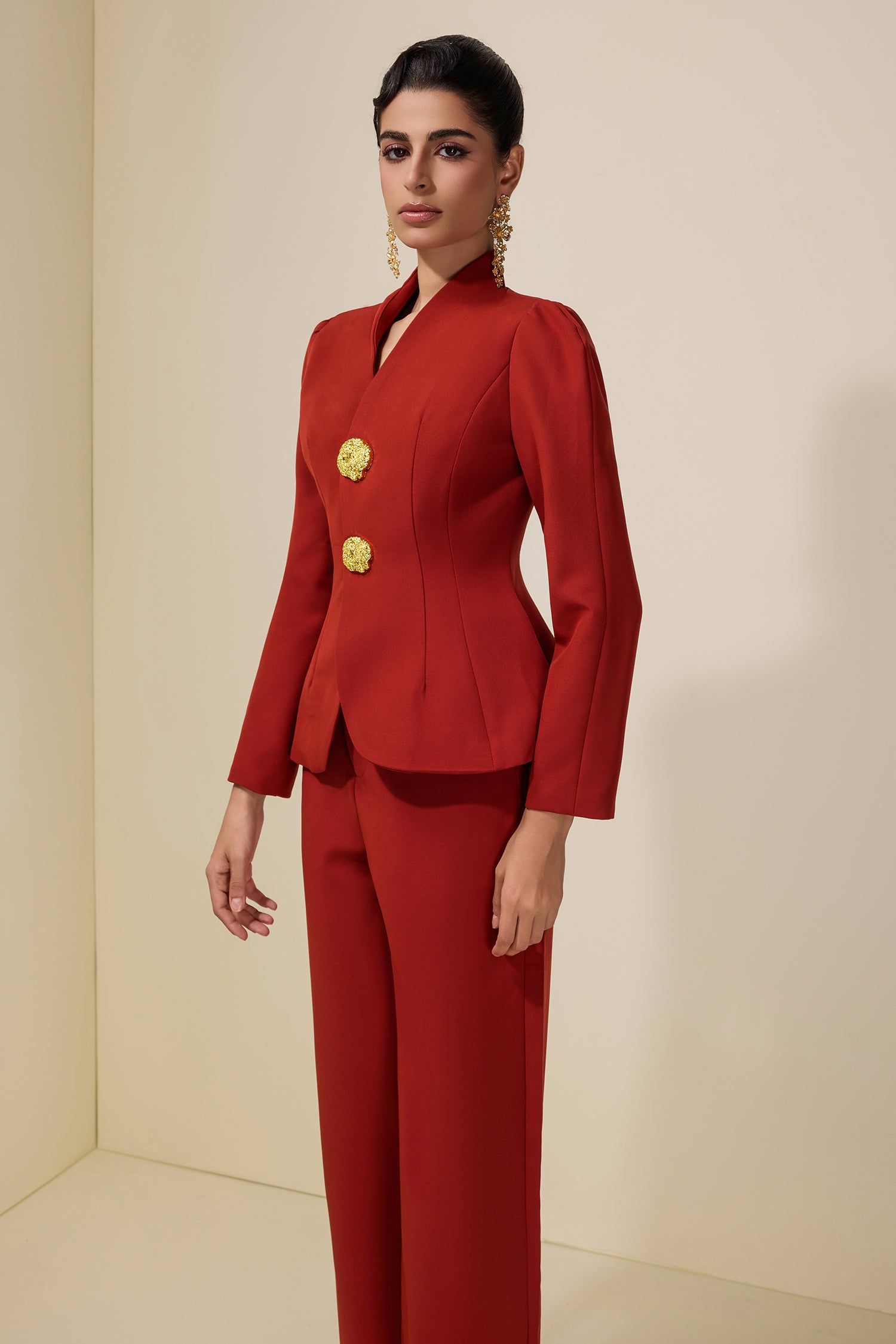 Solid Metal Button Blazer & Pants Set