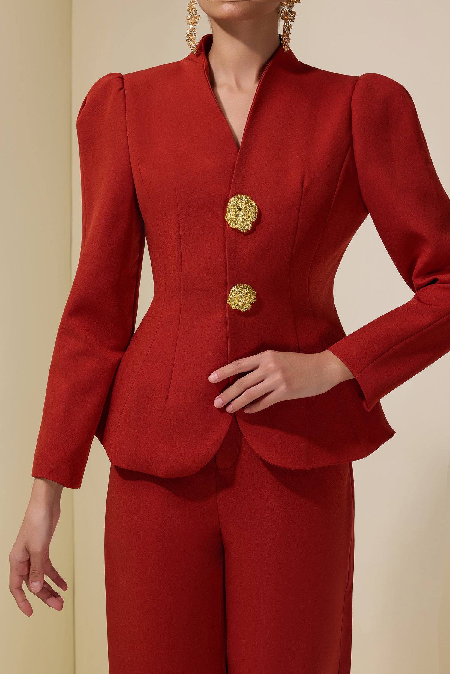 Solid Metal Button Blazer & Pants Set